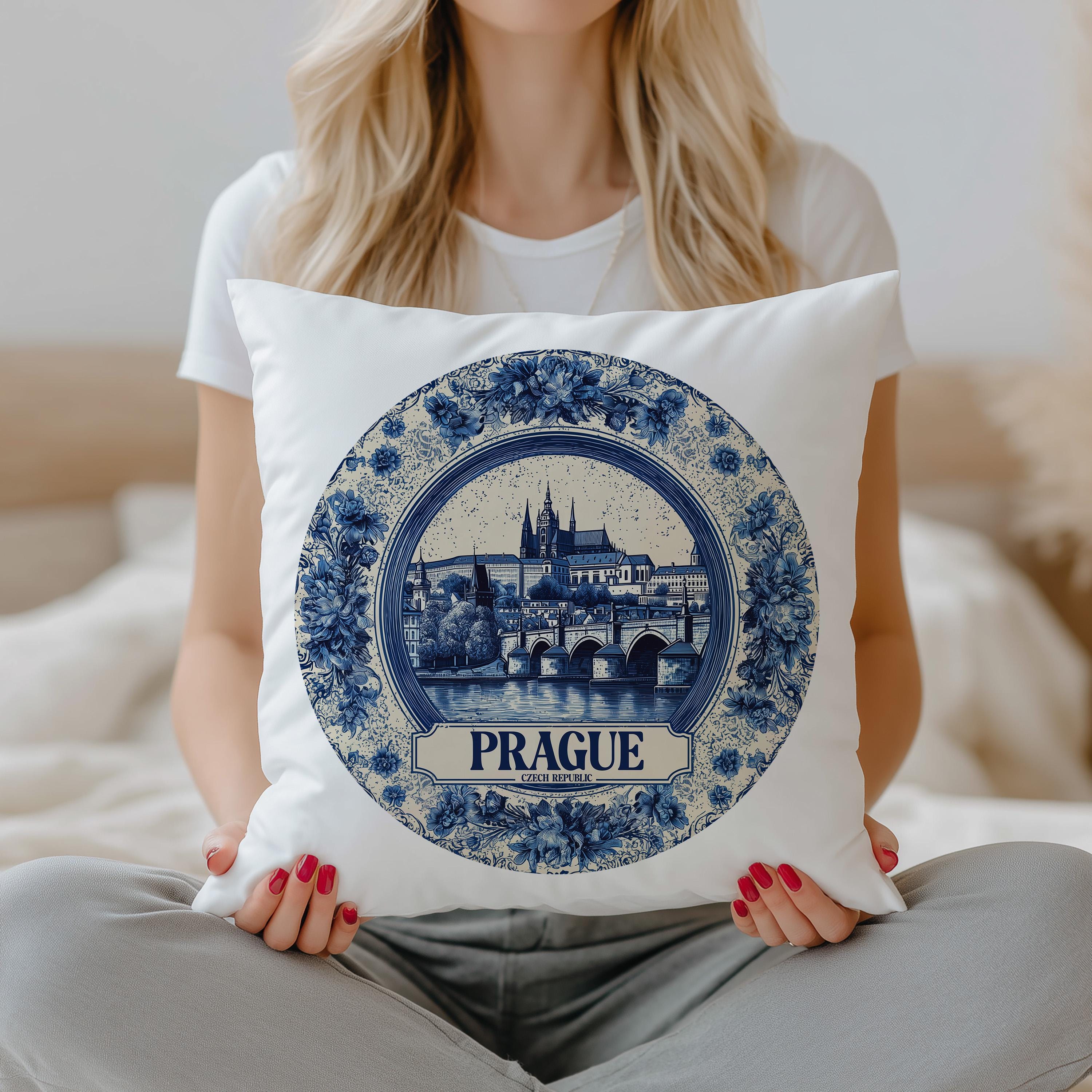 Prague Czech Republic Pillowcase, Delft Style Decorative Throw Pillow, Vintage Cityscape Retro Home Decor