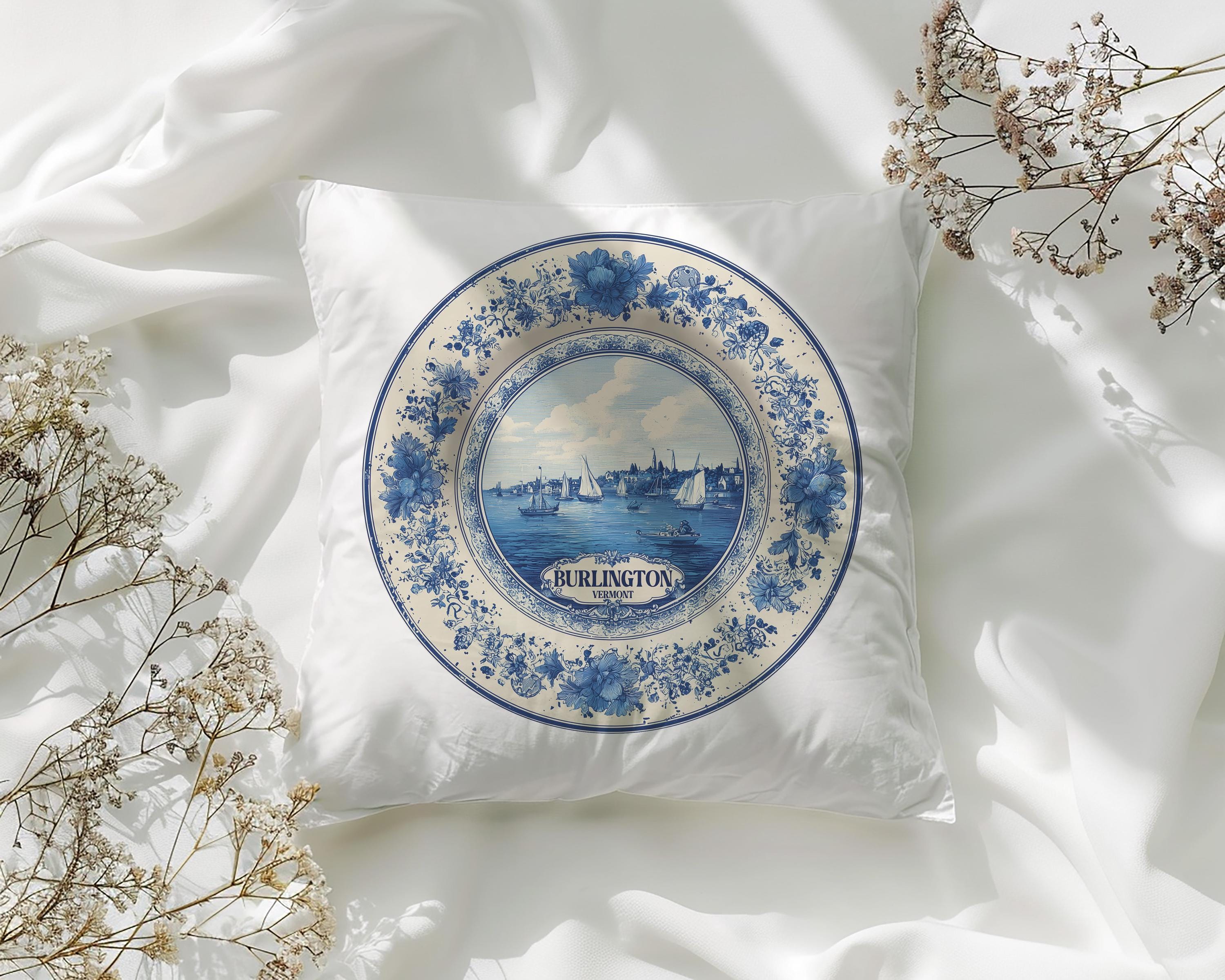 Burlington Vermont Pillowcase, Delft Style Decorative Throw Pillow, Vintage Cityscape Retro Home Decor