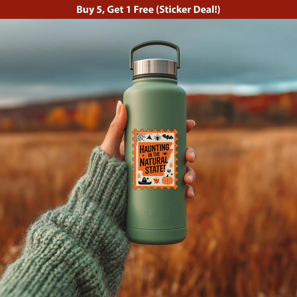 Arkansas Stamp Halloween Sticker, Spooky USA Kiss-Cut Vinyl, Waterproof Decal, United States Travel