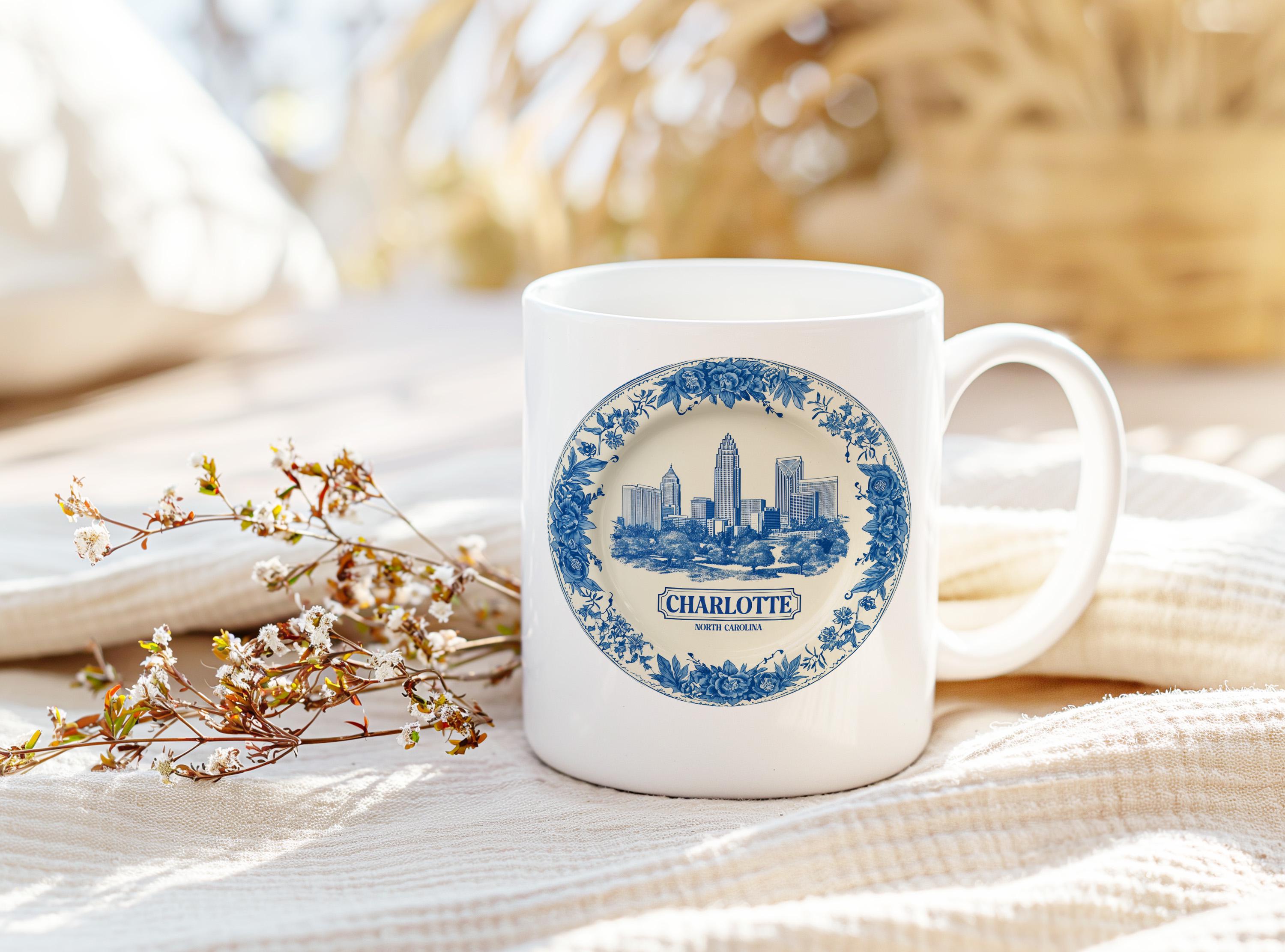 Charlotte North Carolina Mug, Custom Delft Style cup, Personalized Vintage Travel City Gift