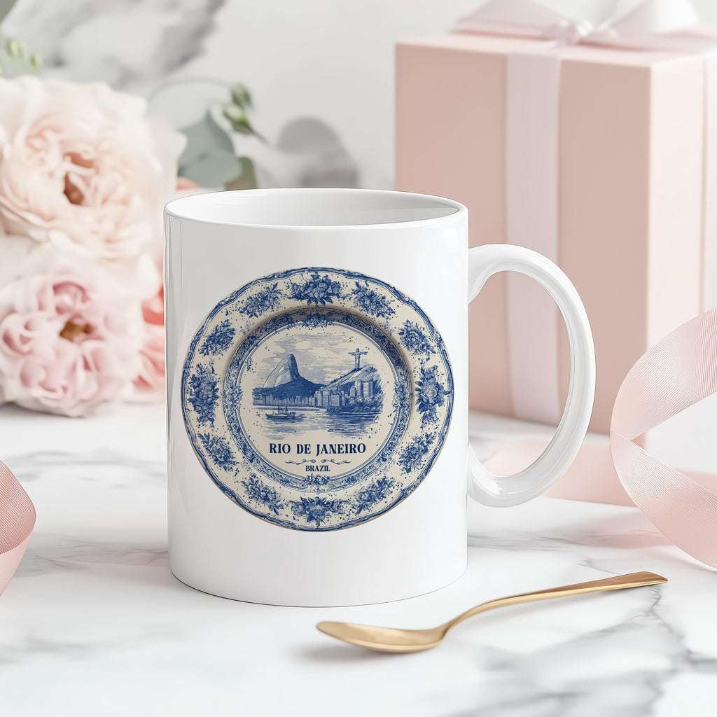 Rio Brazil Mug, Custom Delft Style cup, Personalized Vintage Travel City Gift