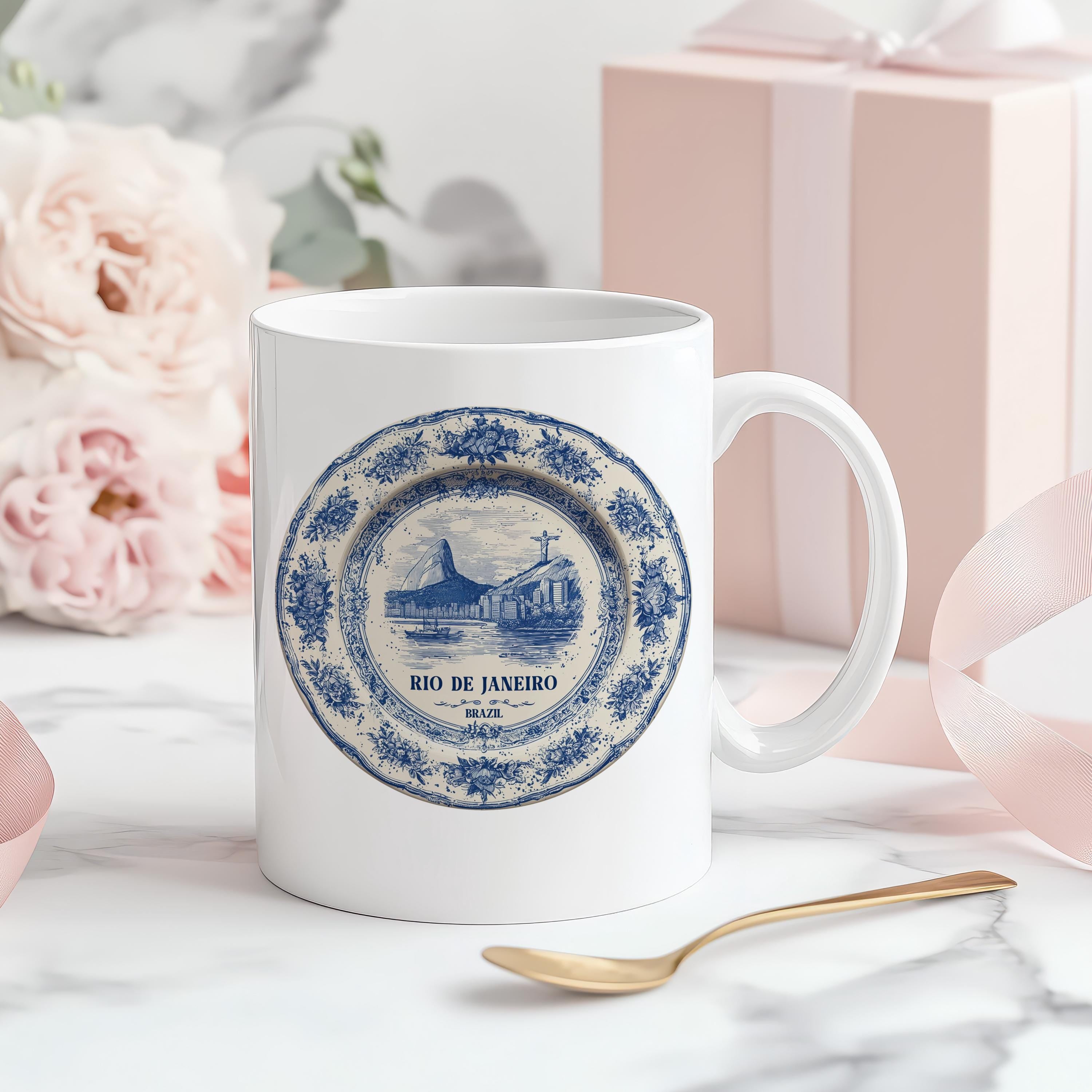 Rio Brazil Mug, Custom Delft Style cup, Personalized Vintage Travel City Gift