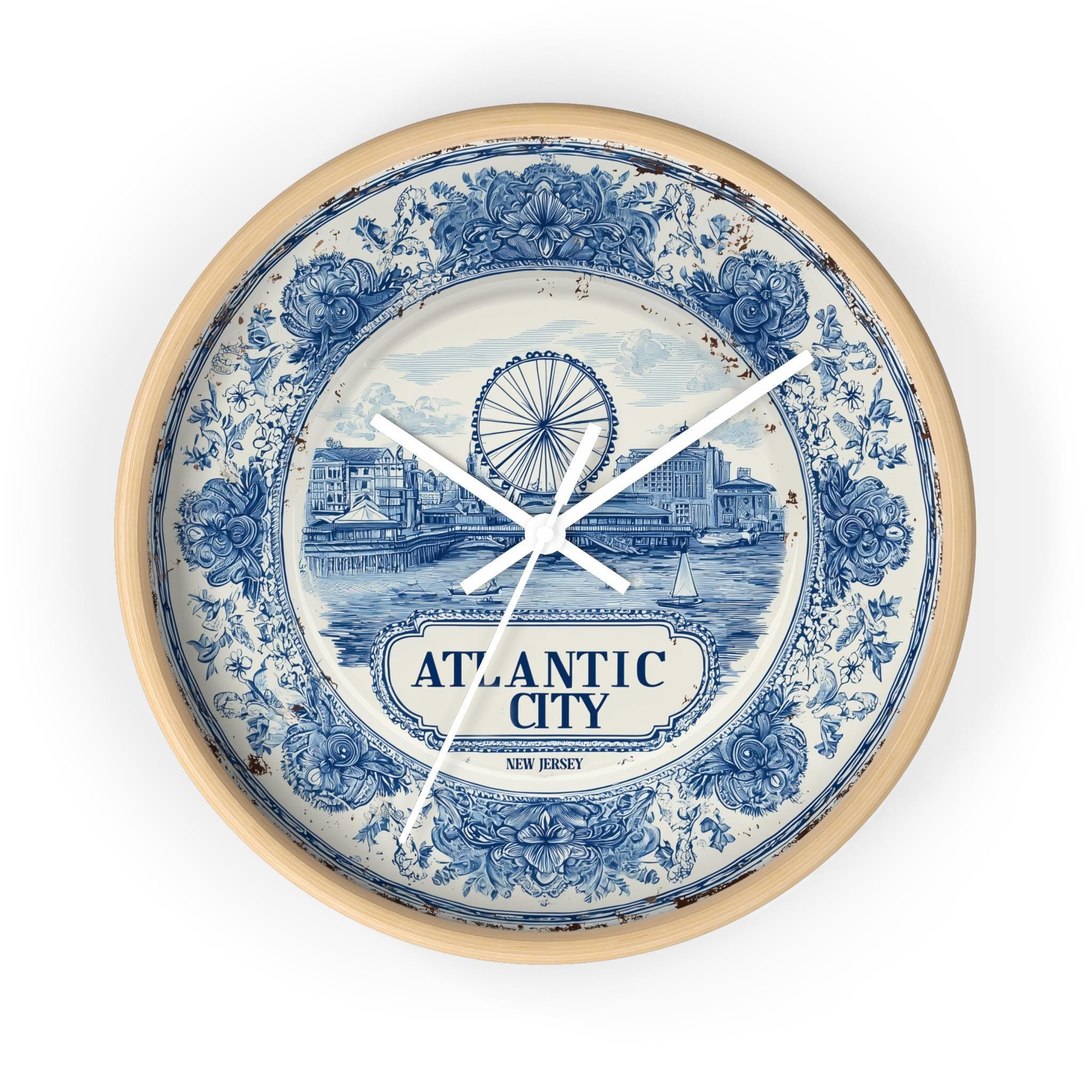 Atlantic City New Jersey Wall Clock, Delf style Home Decor, Vintage City Travel Keepsake Art
