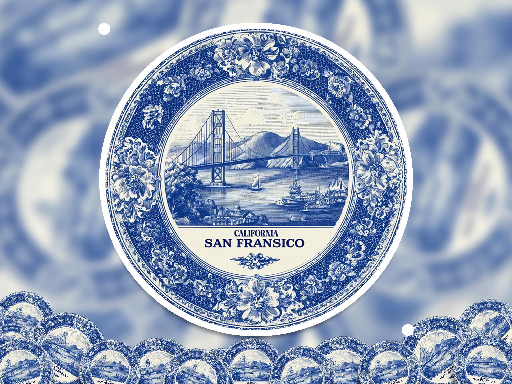 San Francisco California Sticker Vintage Delft style, Delftware Decal Waterproof Vinyl, Blue City Travel