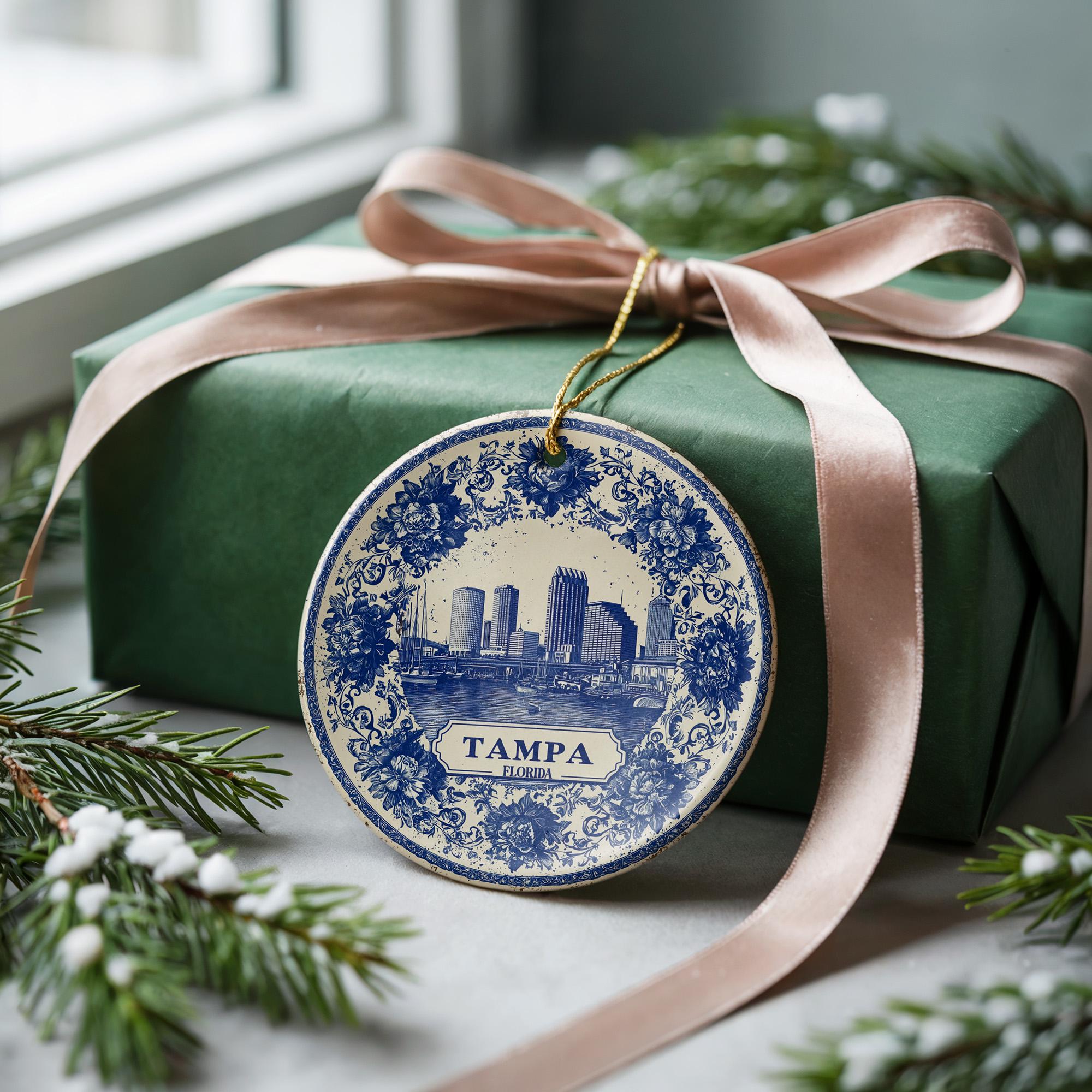Custom Tampa Florida Ceramic Delft Ornament, Christmas Delftware Blue Delftware city travel