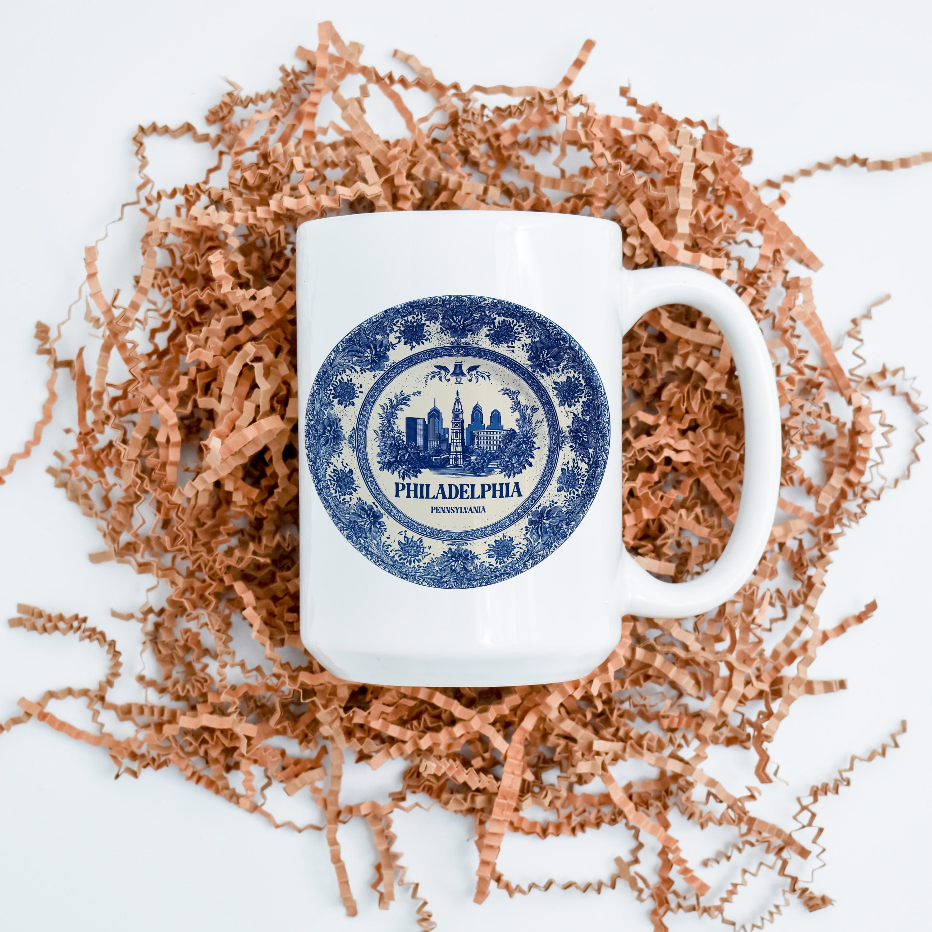 Philadelphia Mug Pennsylvania Mug, Custom Delft Style cup, Personalized Vintage Travel City Gift