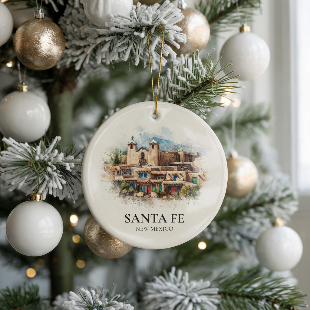 Santa Fe New Mexico Personalized Watercolor Ornament, Custom Ceramic Christmas gift, Travel Keepsake