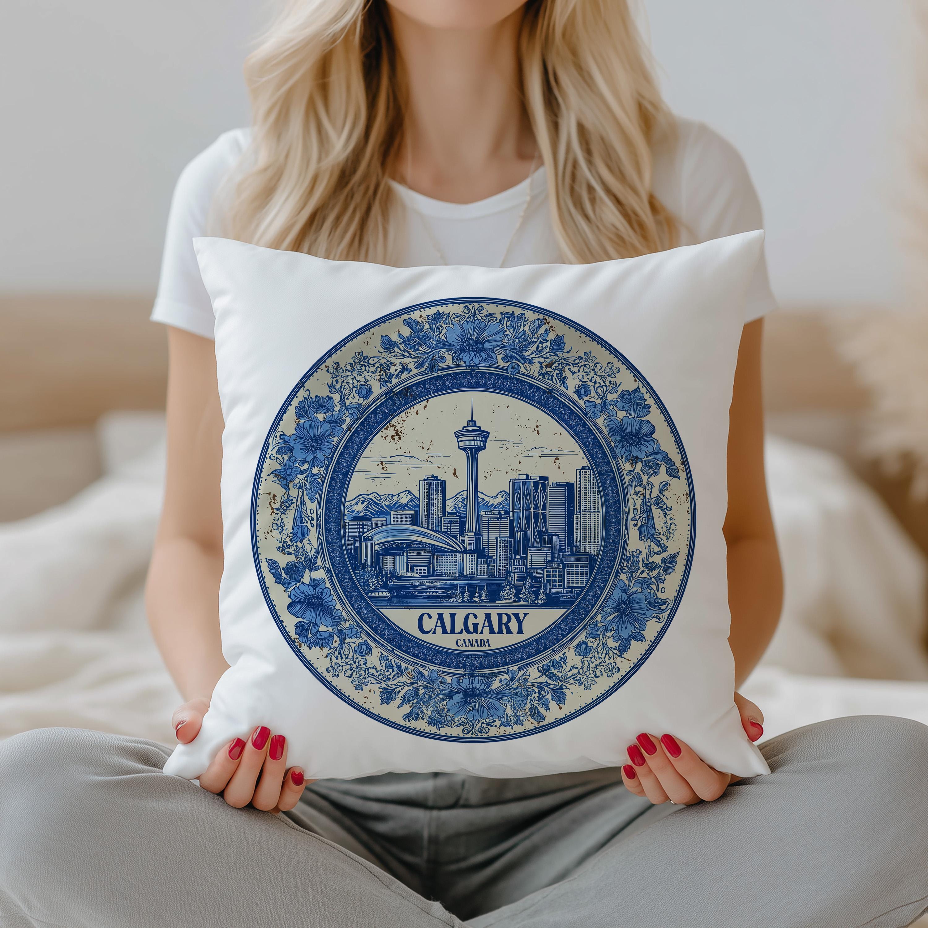 Calgary Canada Pillowcase, Delft Style Decorative Throw Pillow, Vintage Cityscape Retro Home Decor