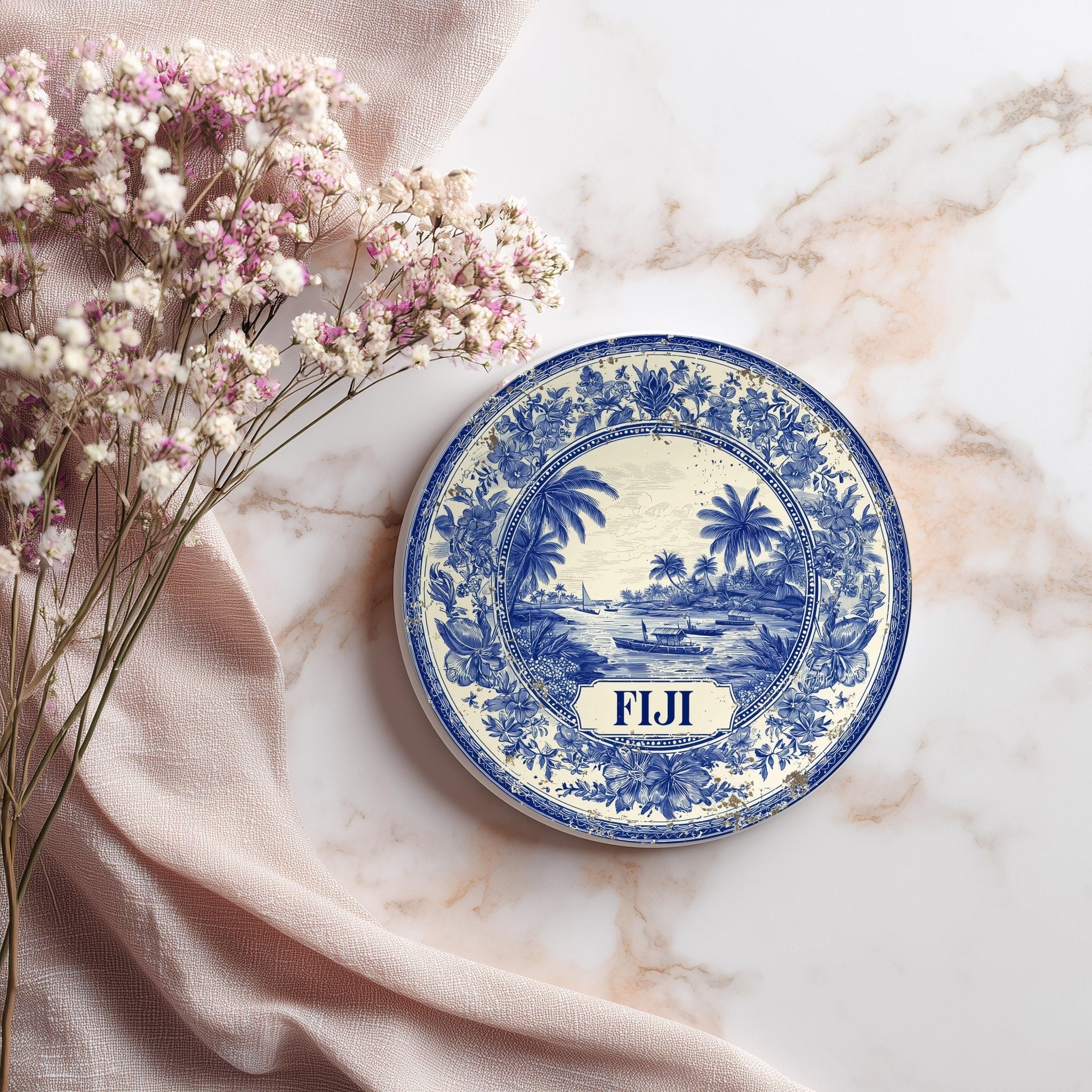 Fiji Delftware Ceramic Coaster, Blue White Travel Gift, Vintage Home Decor Collectible - CuteBeePix