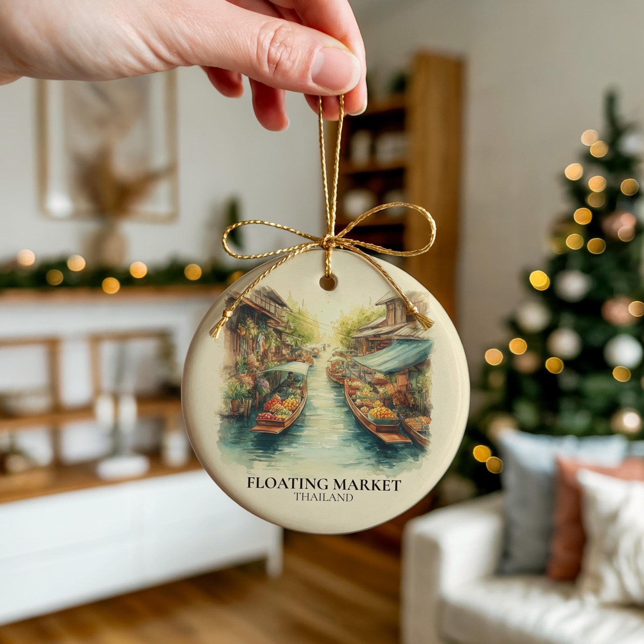 Floating Market Thailand Personalized Watercolor Ornament, Custom Ceramic Christmas gift, Travel Keepsake - CuteBeePix