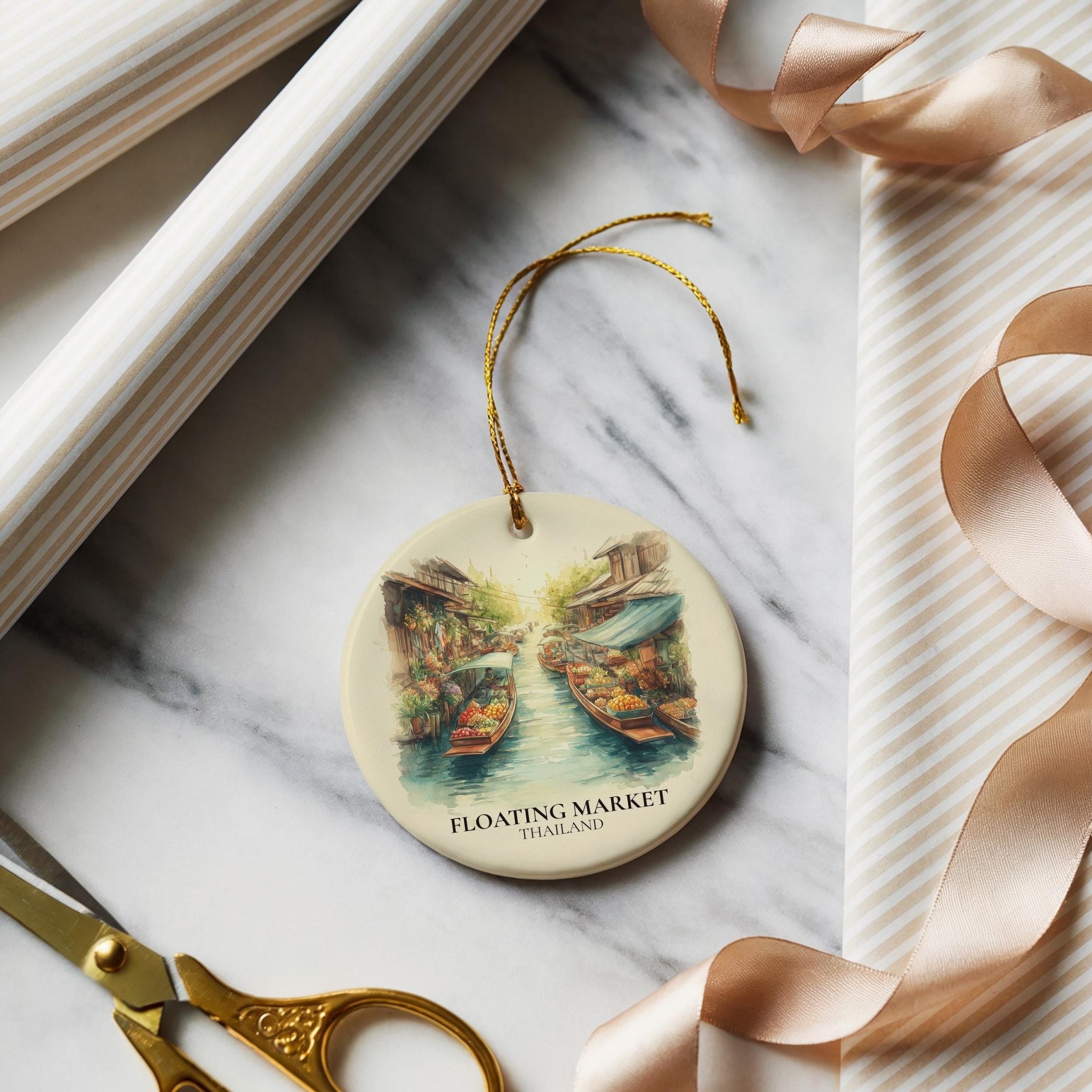 Floating Market Thailand Personalized Watercolor Ornament, Custom Ceramic Christmas gift, Travel Keepsake - CuteBeePix
