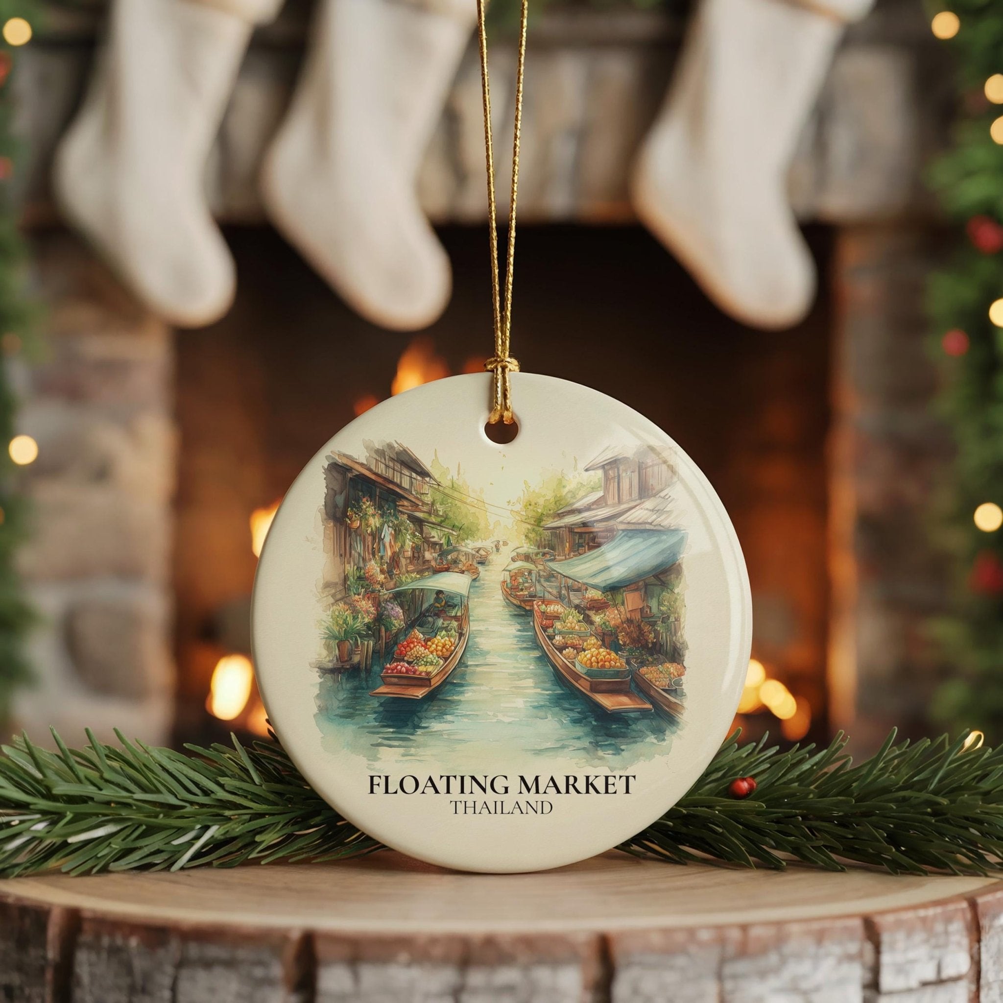 Floating Market Thailand Personalized Watercolor Ornament, Custom Ceramic Christmas gift, Travel Keepsake - CuteBeePix