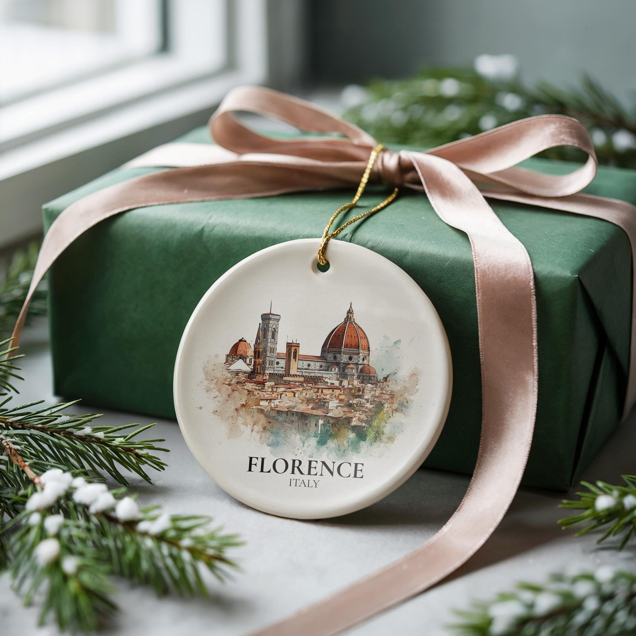 Florence Italy Personalized Watercolor Ornament, Custom Ceramic Christmas gift, Travel Keepsake - CuteBeePix