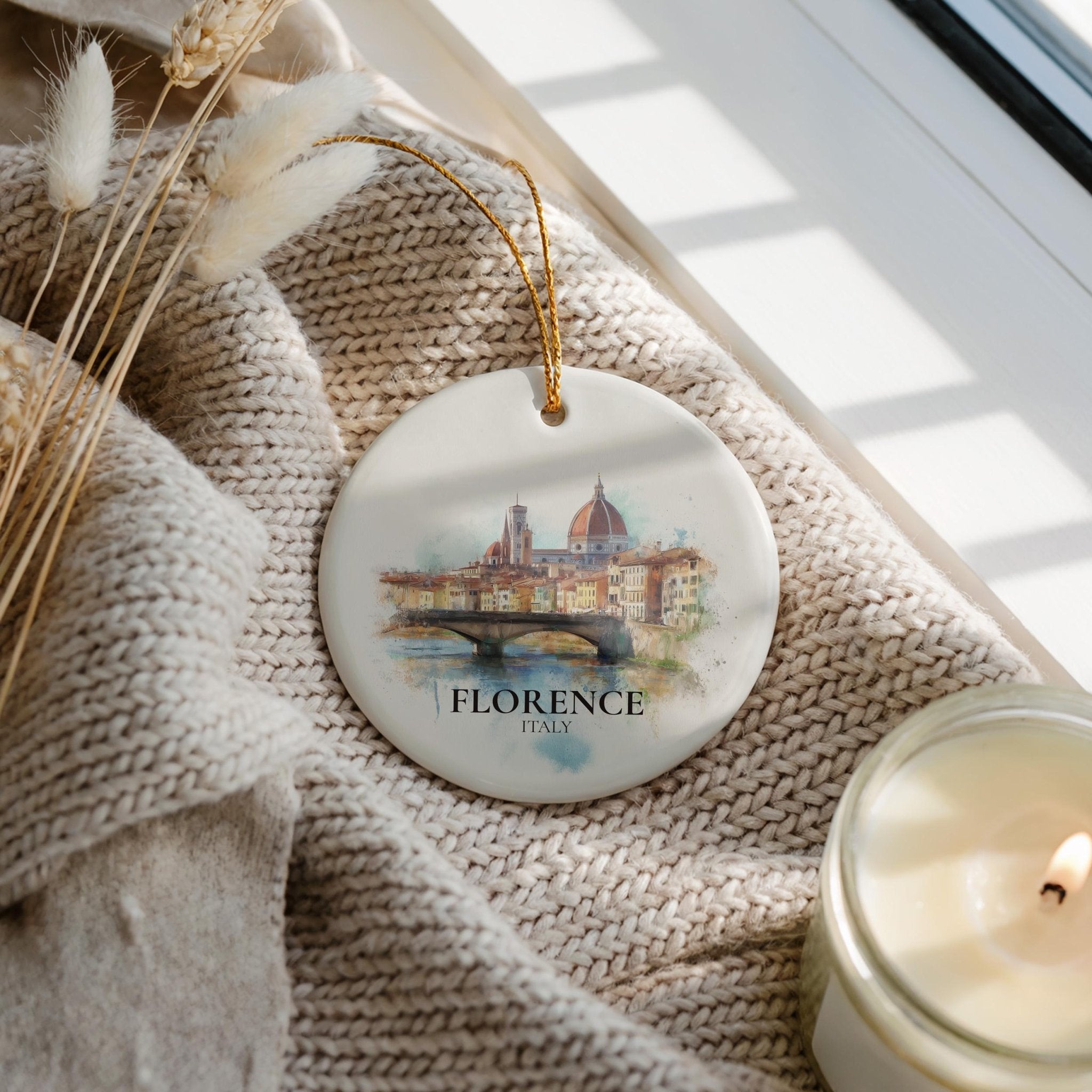 Florence Watercolor Ornament, Personalized Italy Custom Ceramic Christmas gift, Travel Keepsake - CuteBeePix