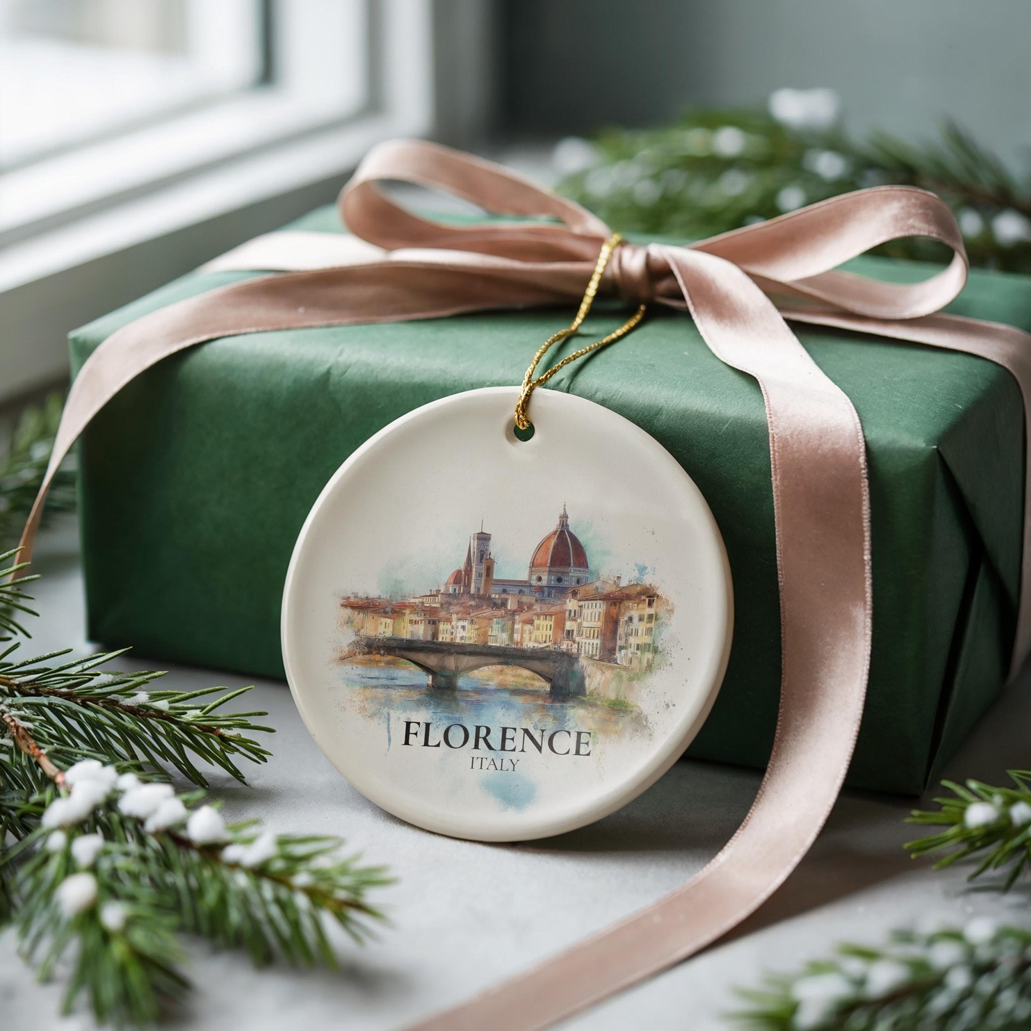 Florence Watercolor Ornament, Personalized Italy Custom Ceramic Christmas gift, Travel Keepsake - CuteBeePix