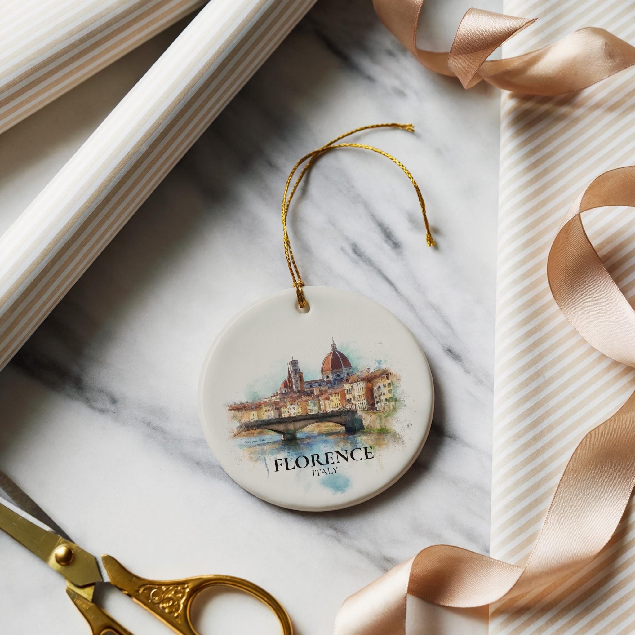 Florence Watercolor Ornament, Personalized Italy Custom Ceramic Christmas gift, Travel Keepsake - CuteBeePix