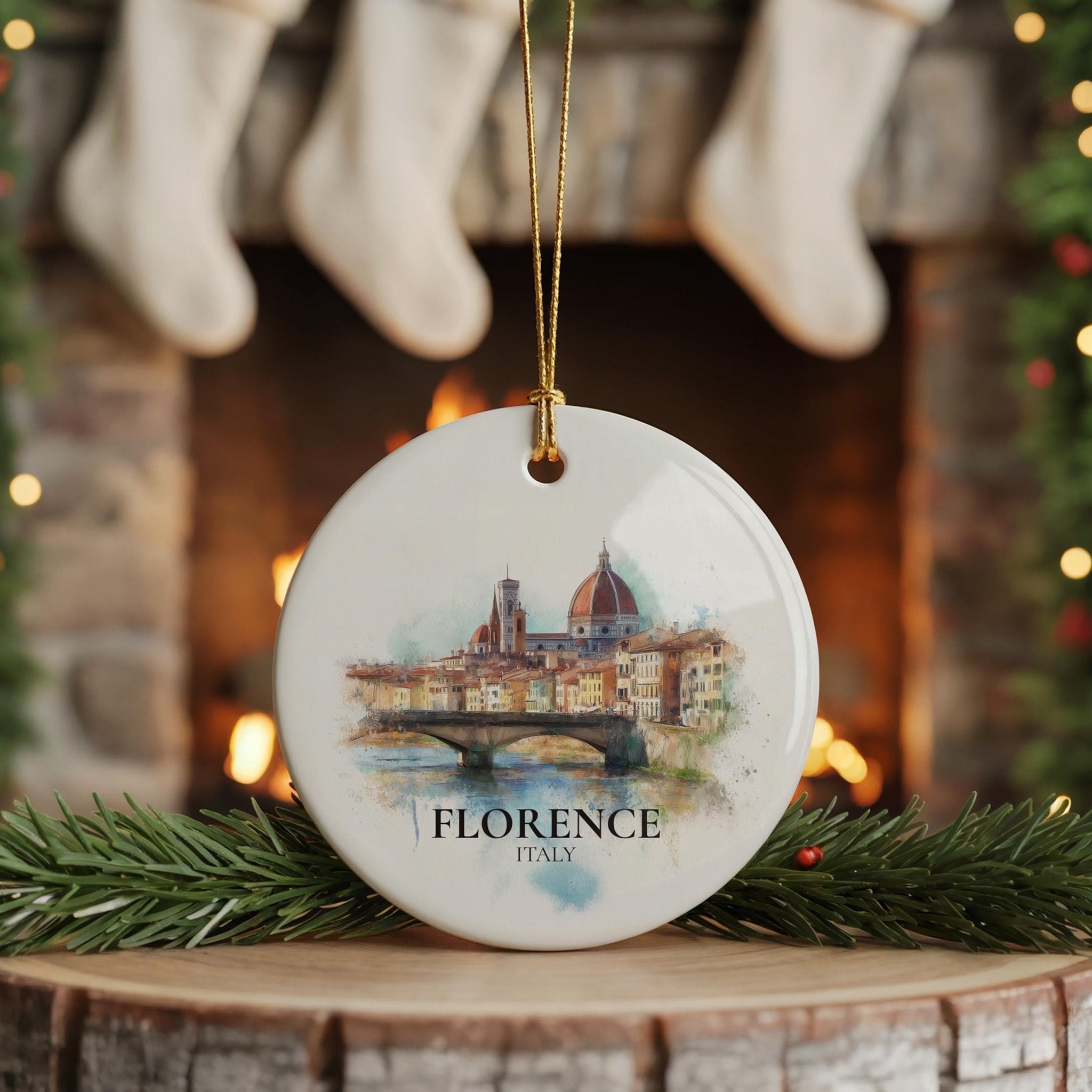 Florence Watercolor Ornament, Personalized Italy Custom Ceramic Christmas gift, Travel Keepsake - CuteBeePix