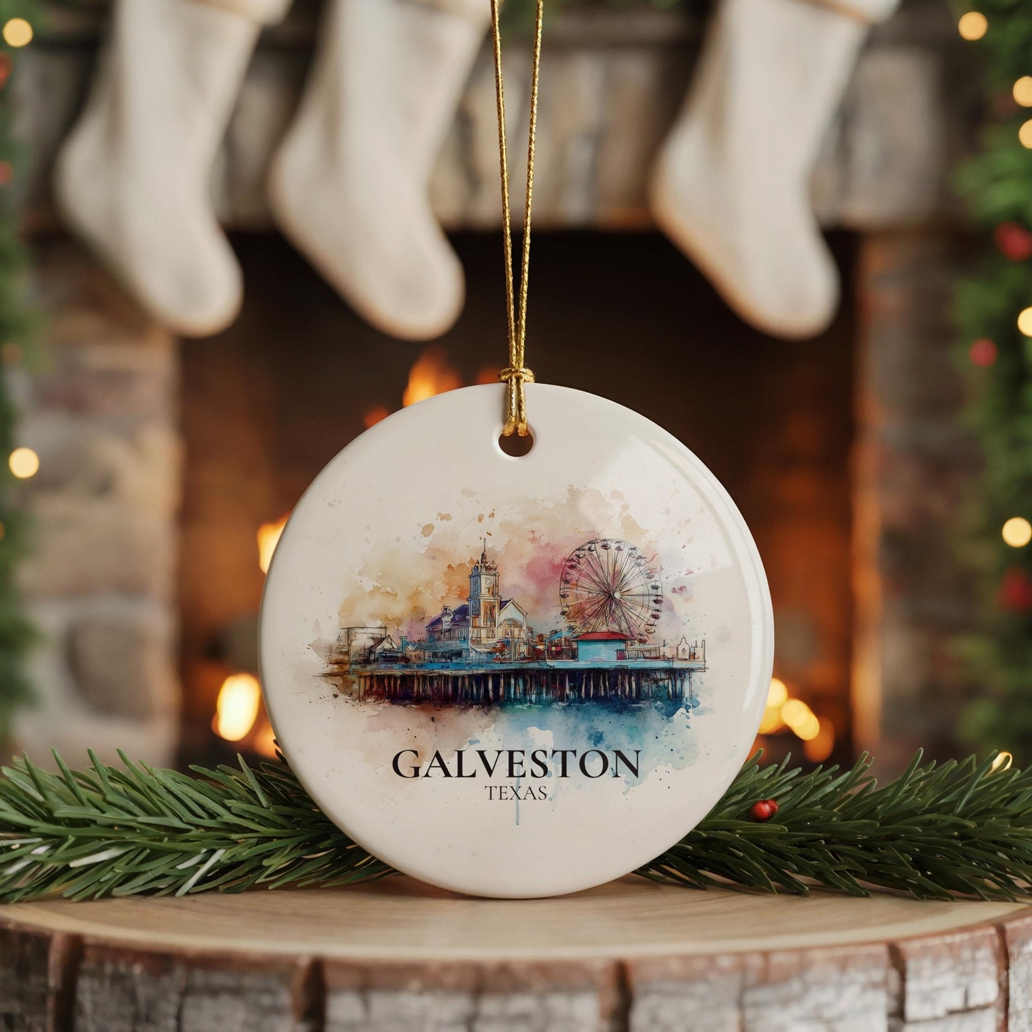 Galveston Texas Personalized Watercolor Ornament, Custom Ceramic Christmas gift, Travel Keepsake - CuteBeePix