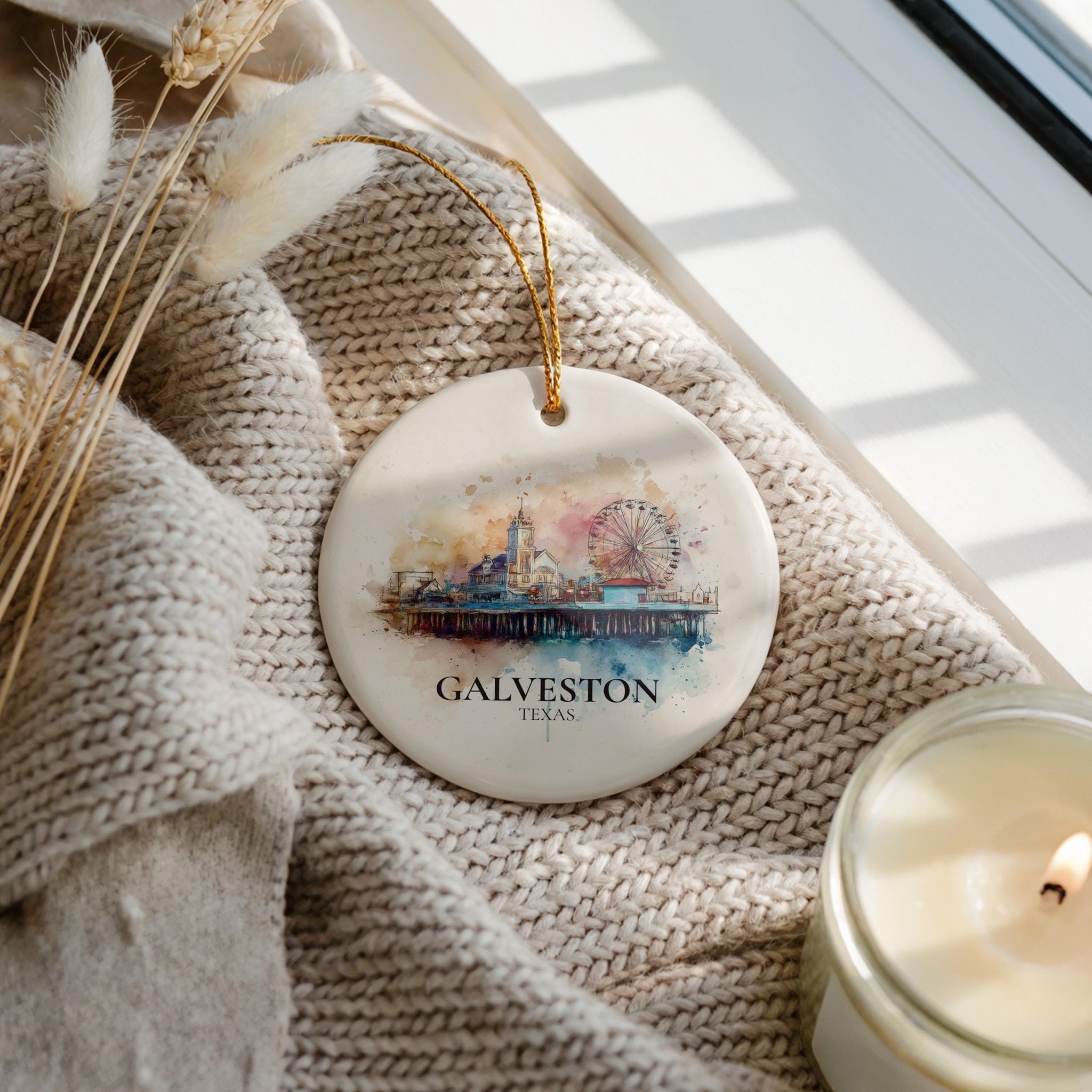 Galveston Texas Personalized Watercolor Ornament, Custom Ceramic Christmas gift, Travel Keepsake - CuteBeePix