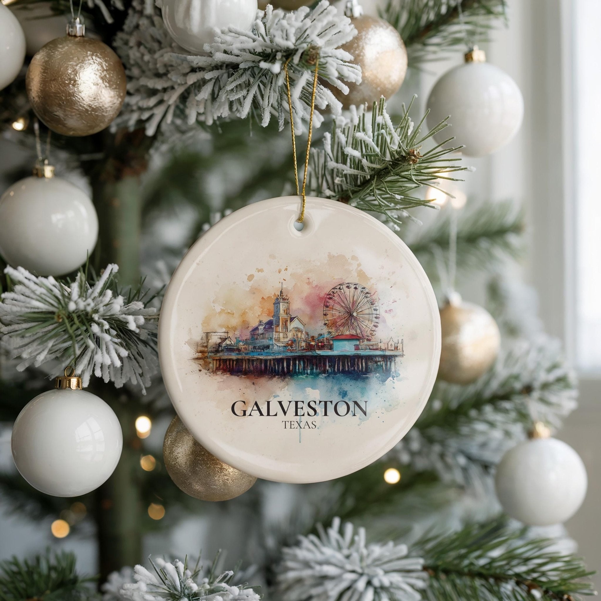 Galveston Texas Personalized Watercolor Ornament, Custom Ceramic Christmas gift, Travel Keepsake - CuteBeePix