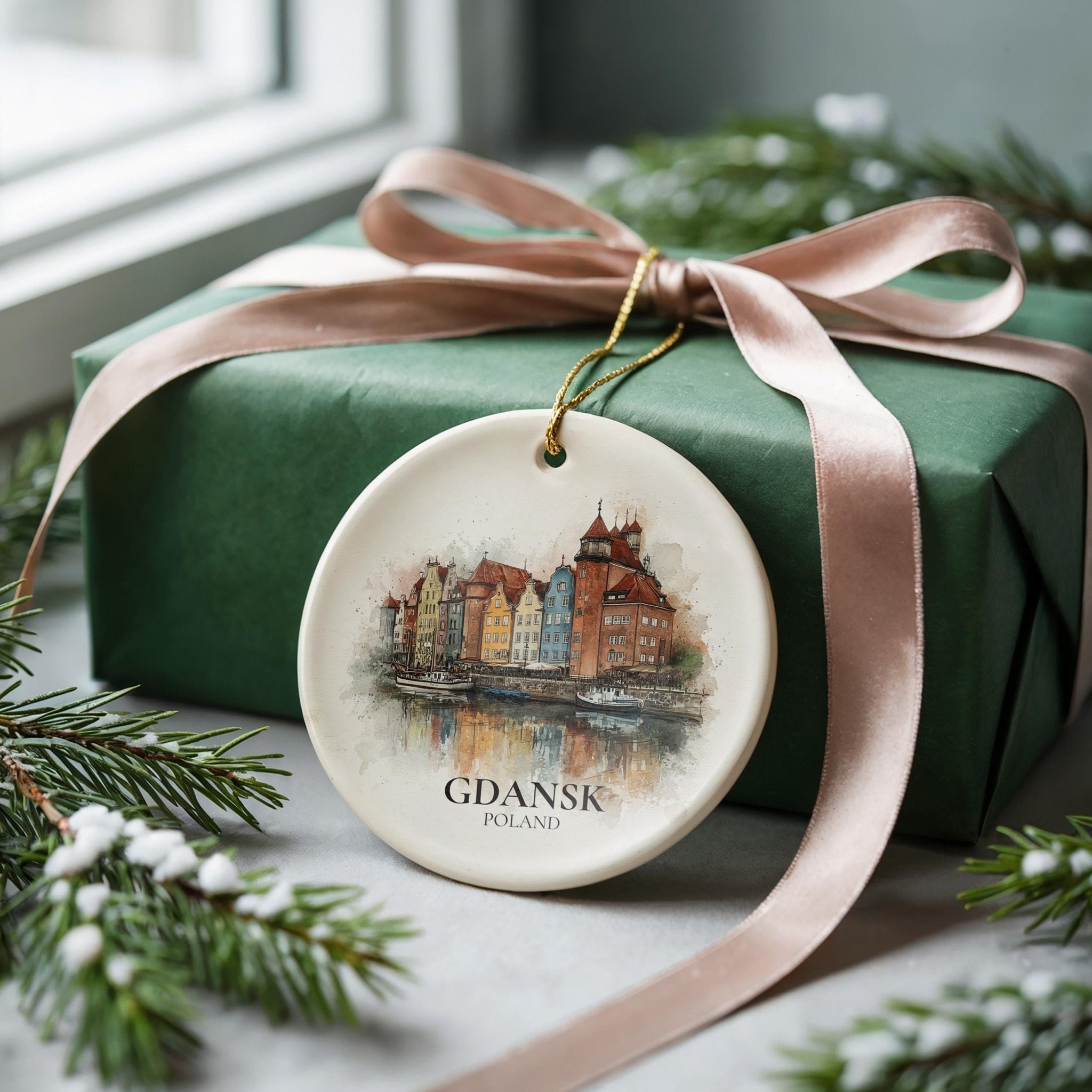 Gdansk Poland Custom Watercolor Ornament, Personalized Ceramic Christmas gift, Travel Keepsake - CuteBeePix