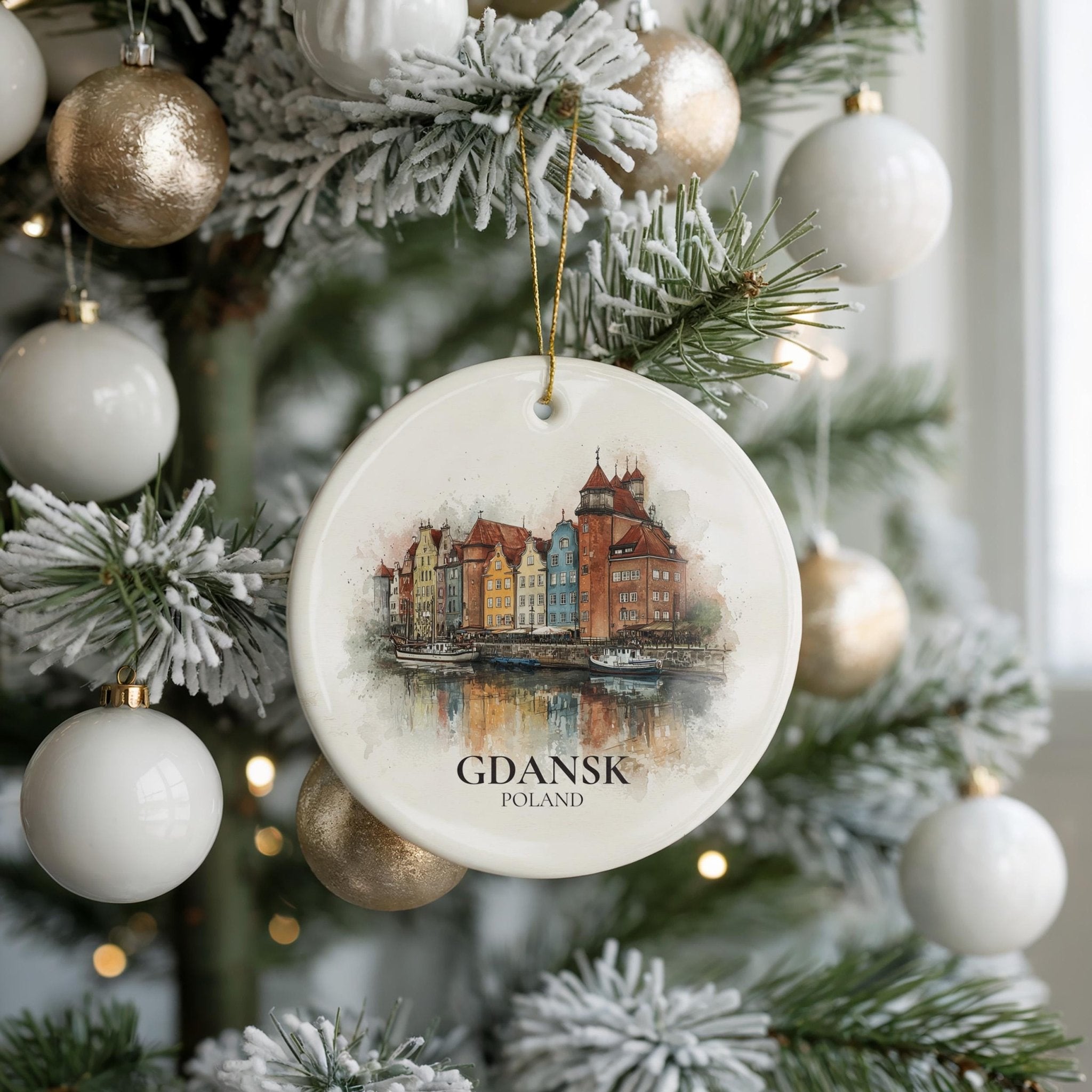 Gdansk Poland Custom Watercolor Ornament, Personalized Ceramic Christmas gift, Travel Keepsake - CuteBeePix