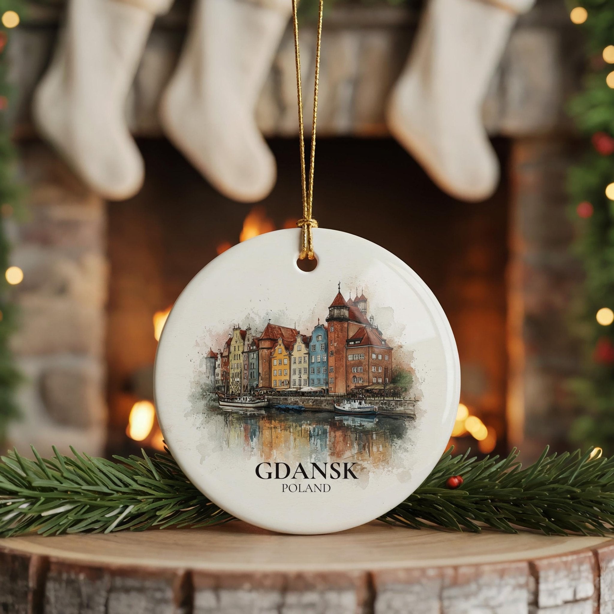 Gdansk Poland Custom Watercolor Ornament, Personalized Ceramic Christmas gift, Travel Keepsake - CuteBeePix