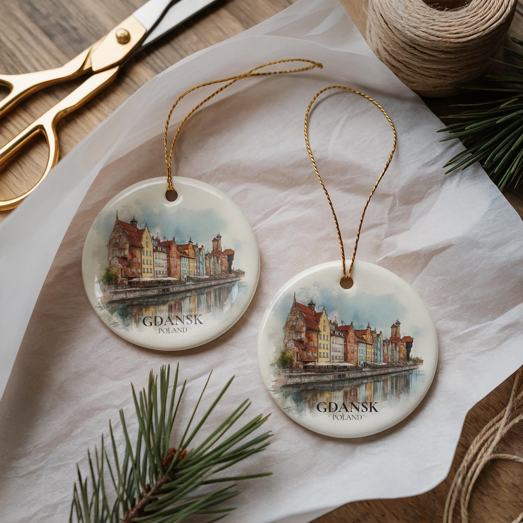 Gdansk Poland Personalized Watercolor Ornament, Custom Ceramic Christmas gift, Travel Keepsake - CuteBeePix