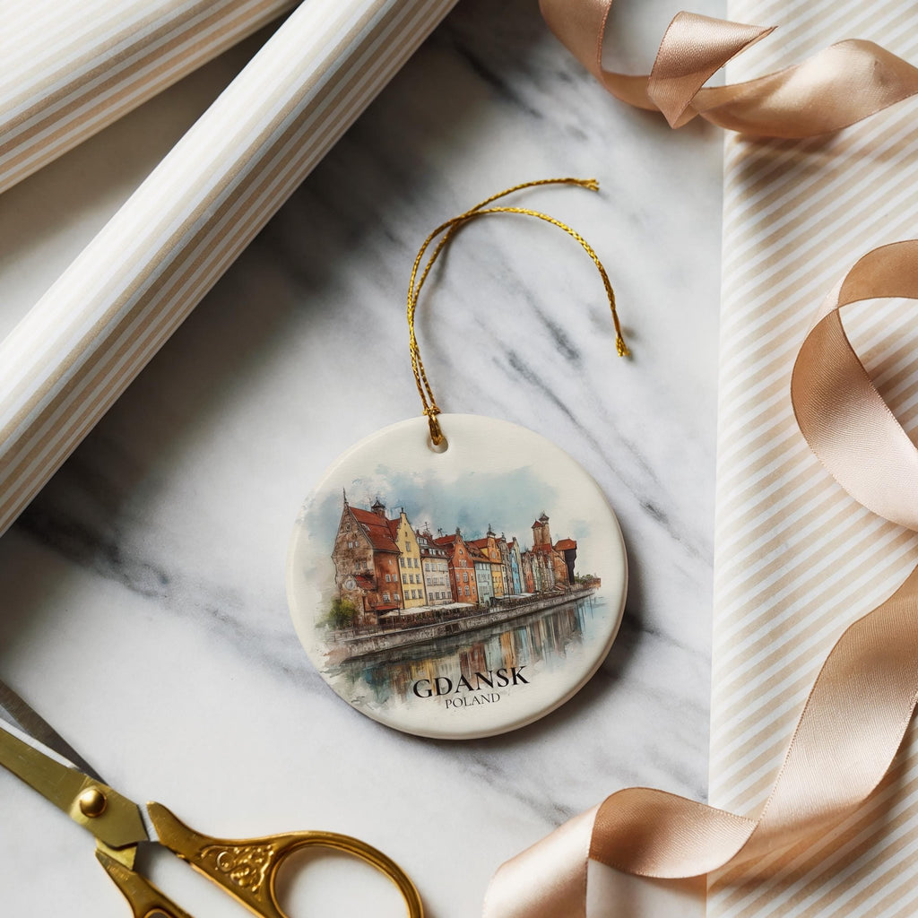 Gdansk Poland Personalized Watercolor Ornament, Custom Ceramic Christmas gift, Travel Keepsake - CuteBeePix