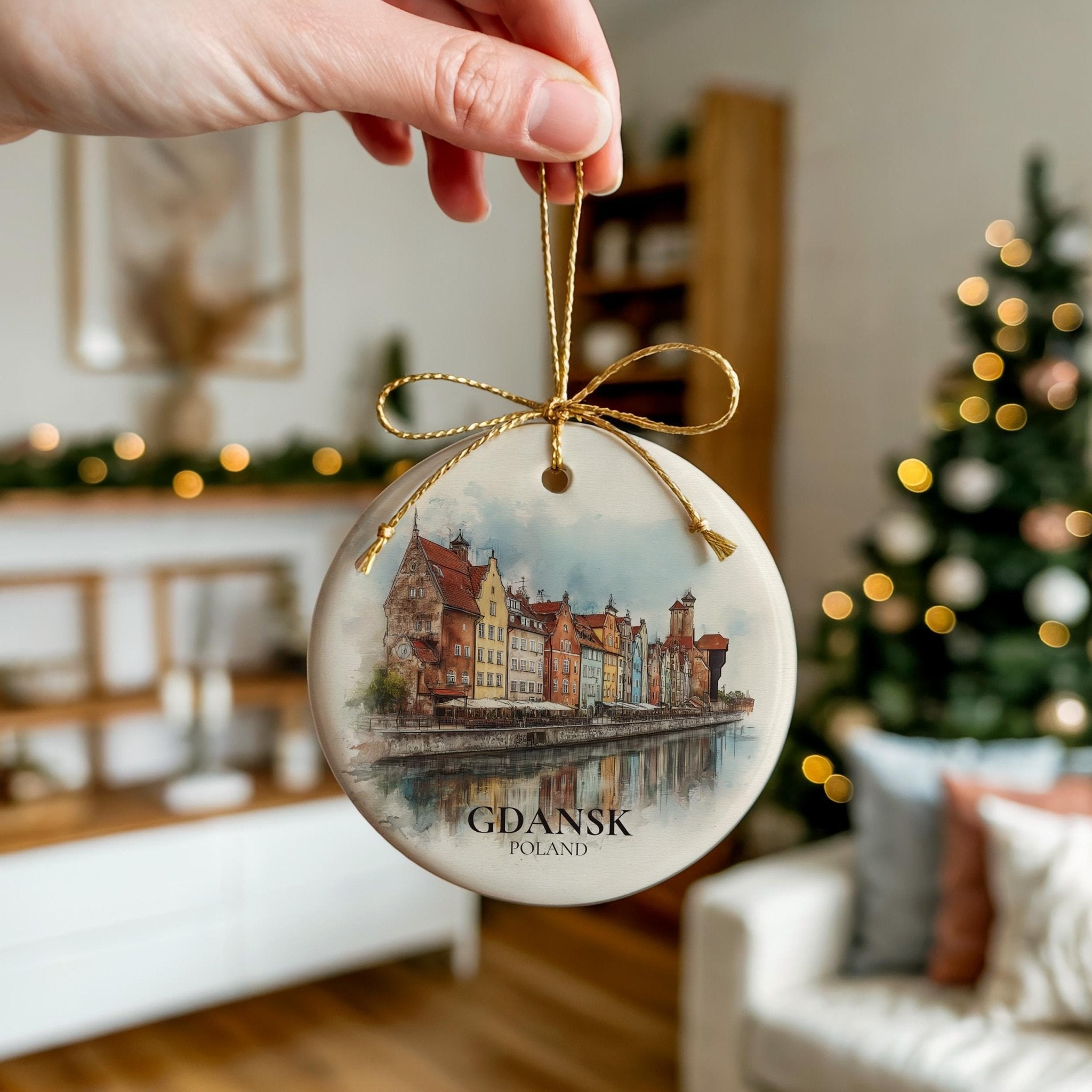 Gdansk Poland Personalized Watercolor Ornament, Custom Ceramic Christmas gift, Travel Keepsake - CuteBeePix