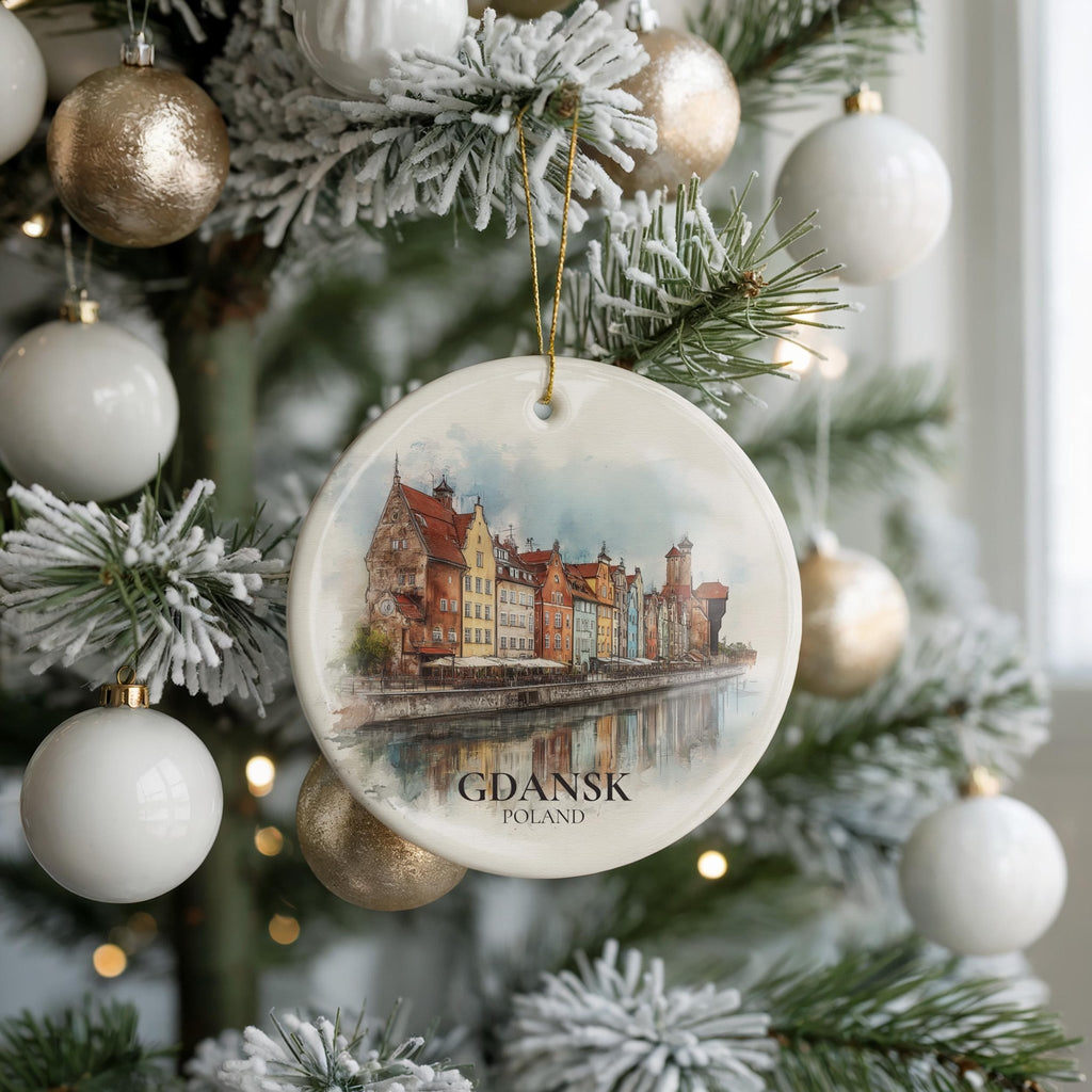 Gdansk Poland Personalized Watercolor Ornament, Custom Ceramic Christmas gift, Travel Keepsake - CuteBeePix