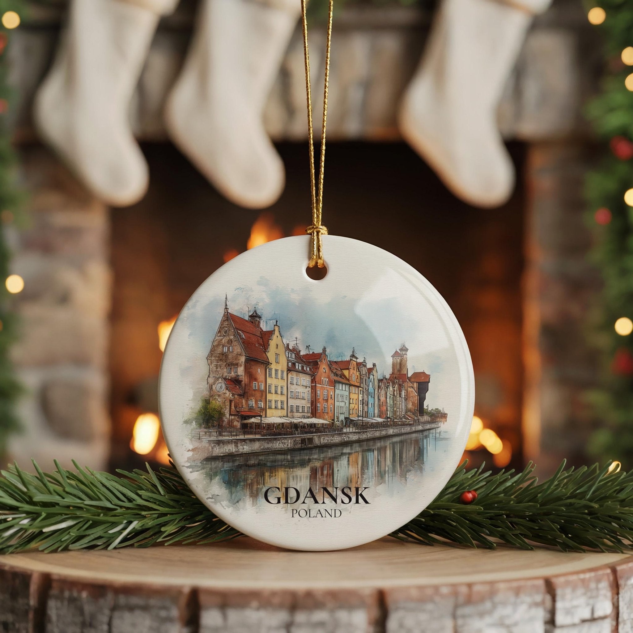 Gdansk Poland Personalized Watercolor Ornament, Custom Ceramic Christmas gift, Travel Keepsake - CuteBeePix