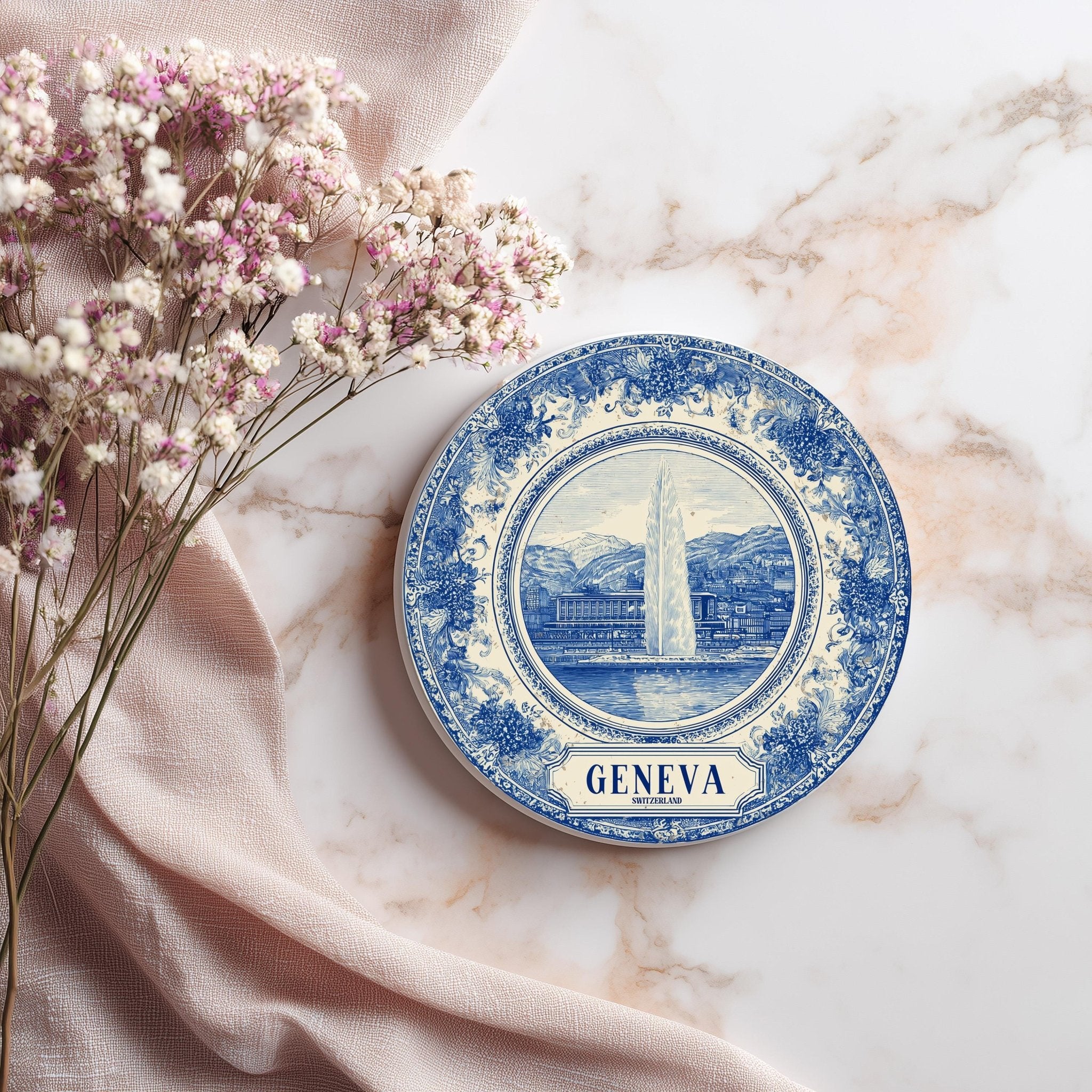 Geneva Switzerland Delftware Ceramic Coaster, Blue White Travel Gift, Vintage Home Decor Collectible - CuteBeePix