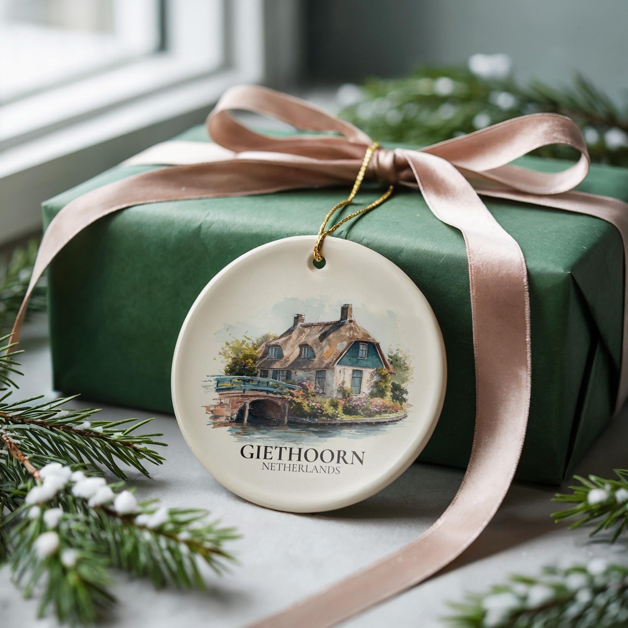 Giethoorn Netherlands Personalized Watercolor Ornament, Custom Ceramic Christmas gift, Travel Keepsake - CuteBeePix