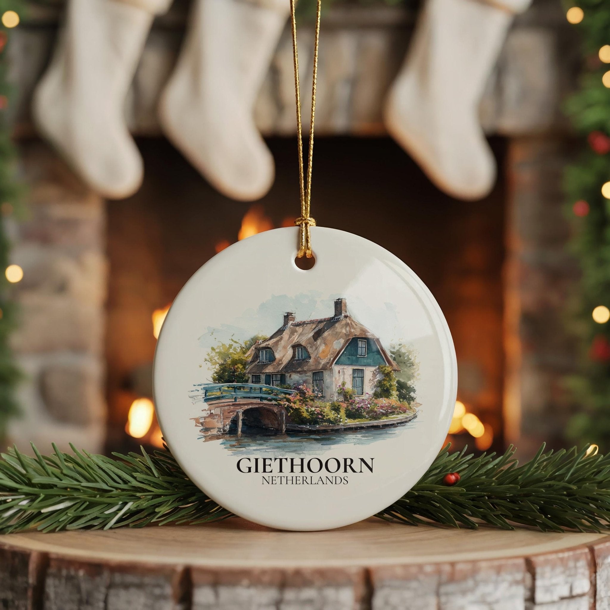 Giethoorn Netherlands Personalized Watercolor Ornament, Custom Ceramic Christmas gift, Travel Keepsake - CuteBeePix