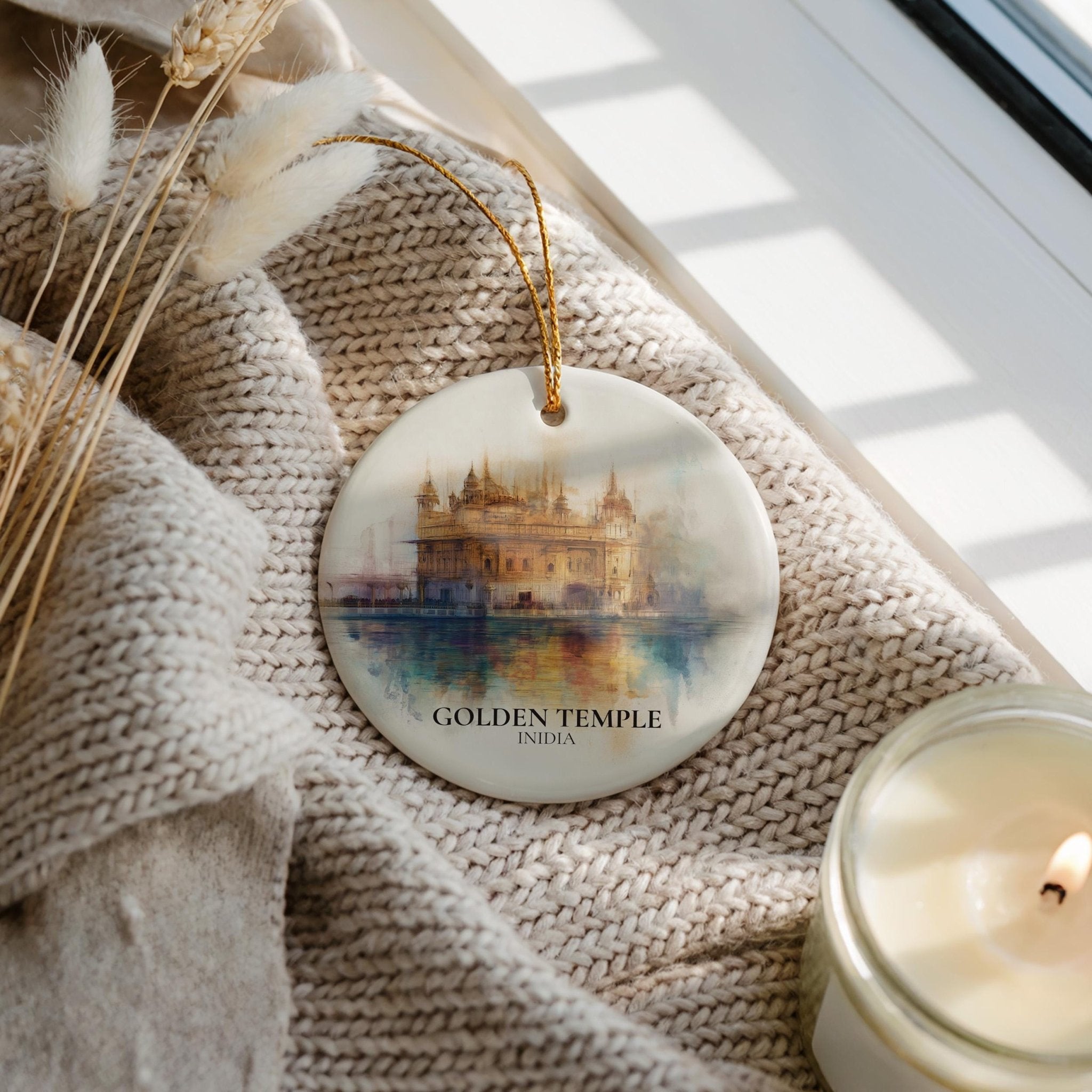 Golden Temple India Personalized Watercolor Ornament, Custom Ceramic Christmas gift, Travel Keepsake - CuteBeePix
