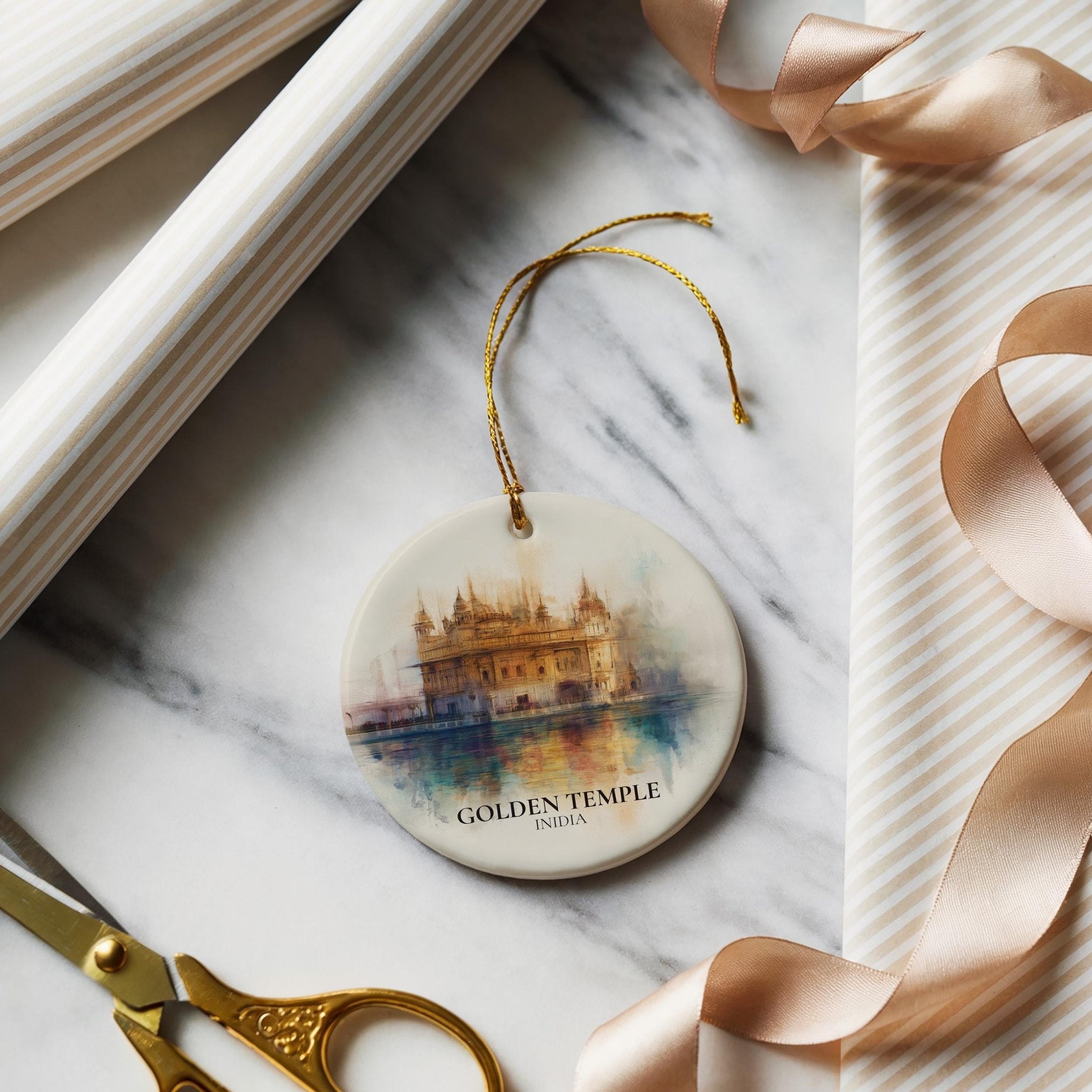 Golden Temple India Personalized Watercolor Ornament, Custom Ceramic Christmas gift, Travel Keepsake - CuteBeePix