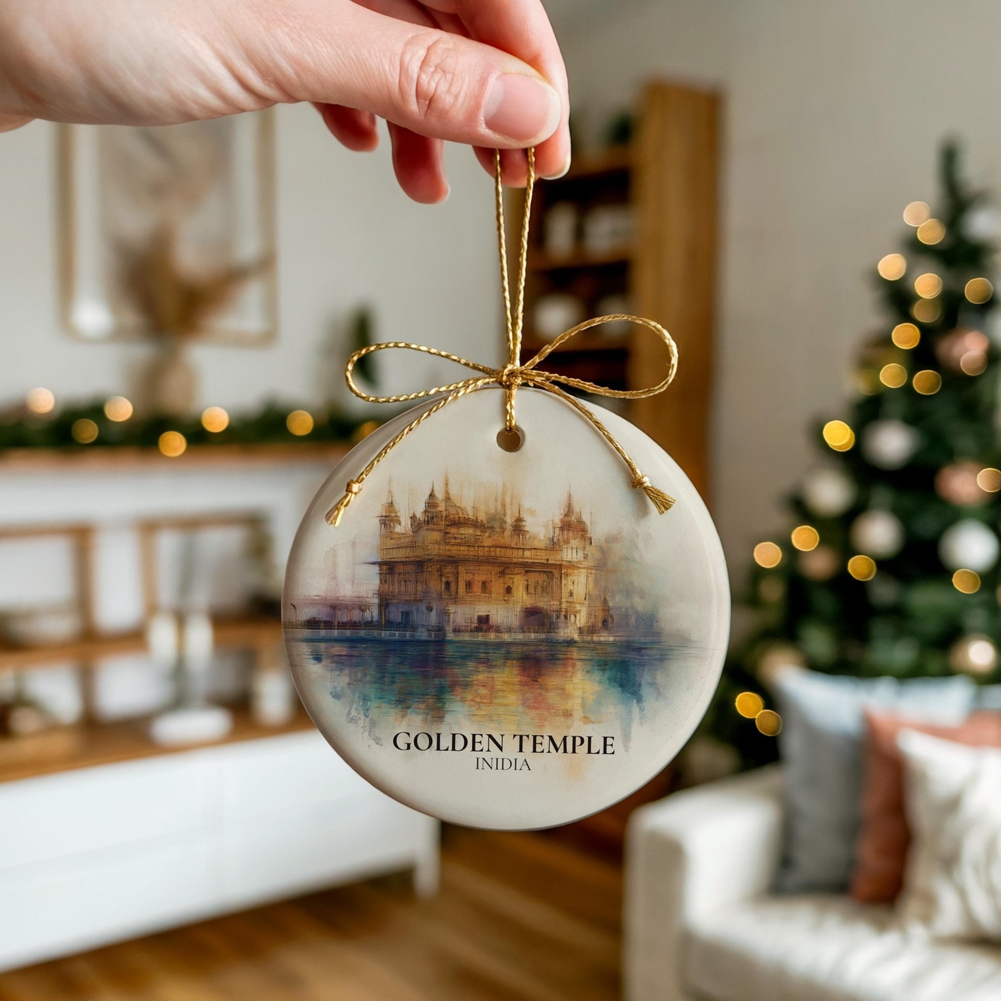Golden Temple India Personalized Watercolor Ornament, Custom Ceramic Christmas gift, Travel Keepsake - CuteBeePix