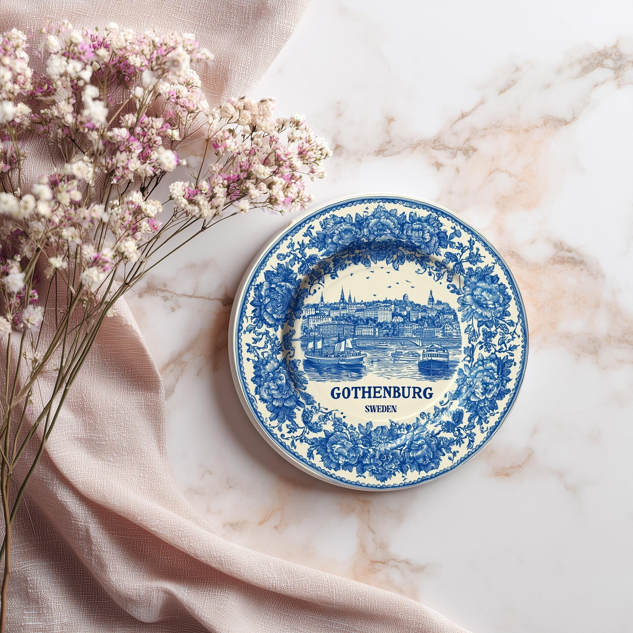 Gothenburg Sweden Delftware Ceramic Coaster, Blue White Travel Gift, Vintage Home Decor Collectible - CuteBeePix