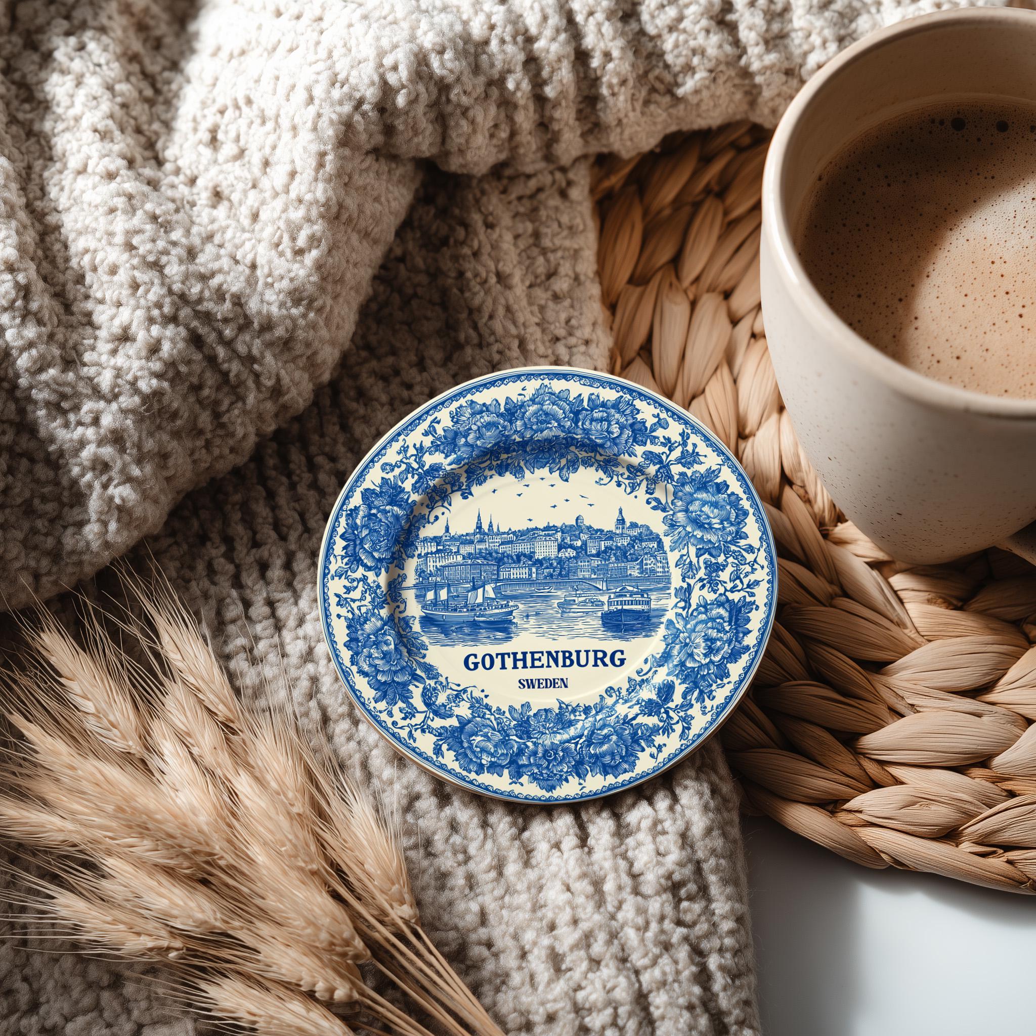 Gothenburg Sweden Delftware Ceramic Coaster, Blue White Travel Gift, Vintage Home Decor Collectible - CuteBeePix