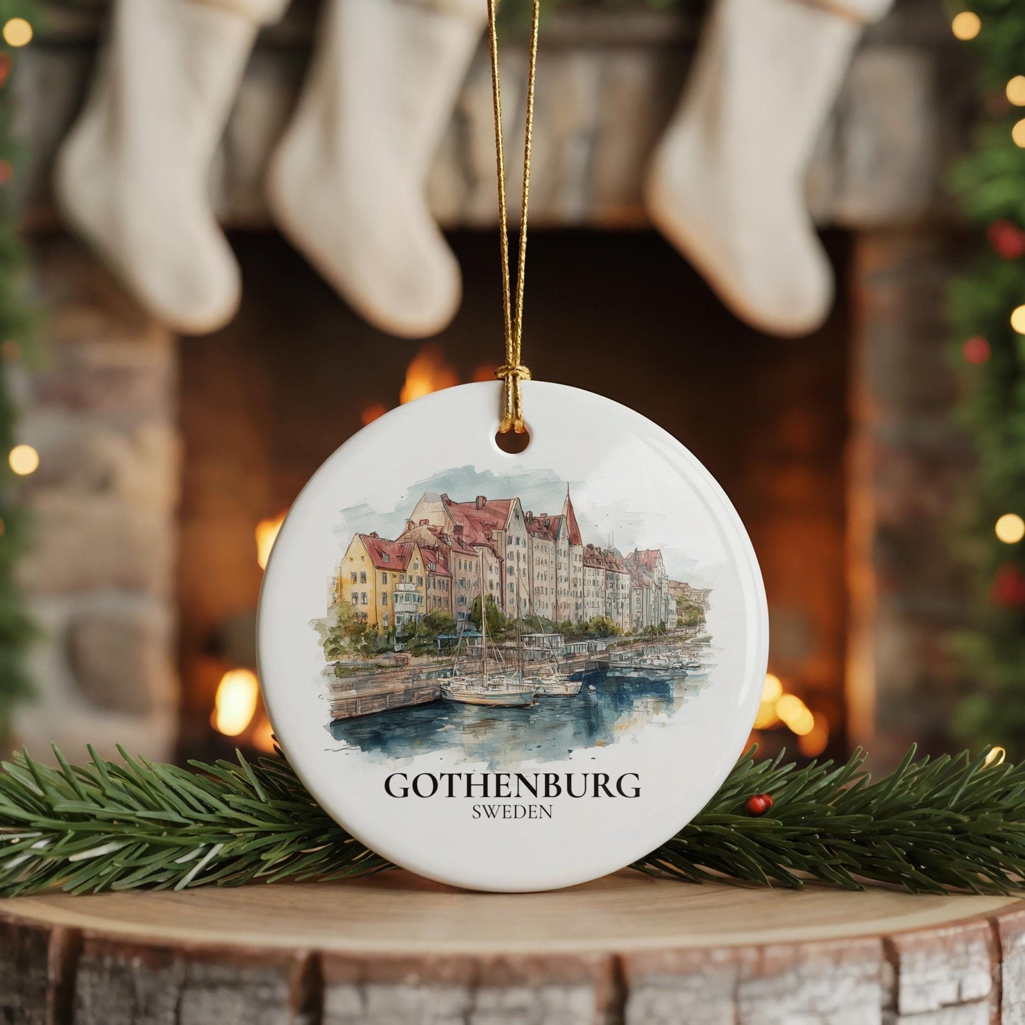 Gothenburg Sweden Personalized Watercolor Ornament, Custom Ceramic Christmas gift, Travel Keepsake - CuteBeePix