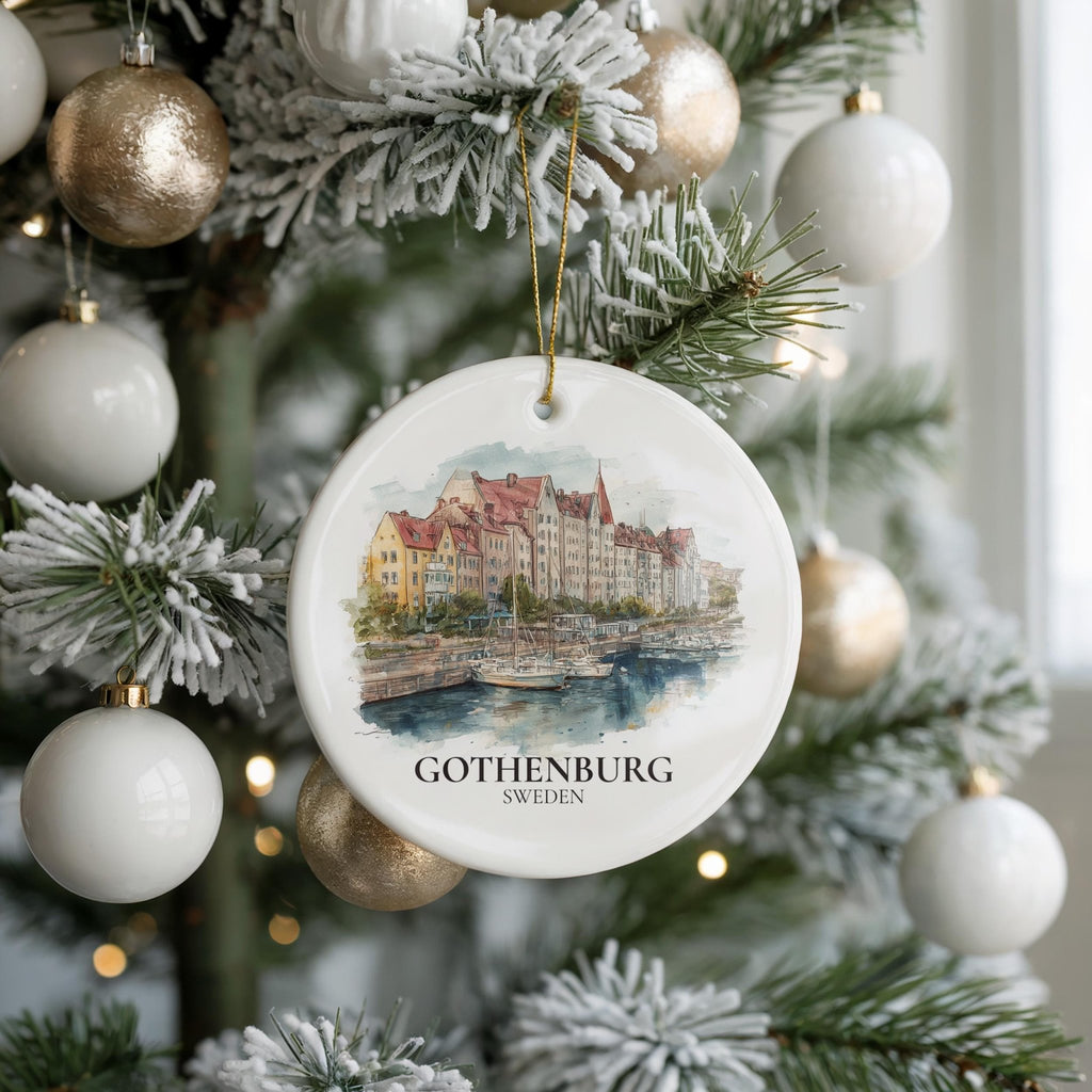 Gothenburg Sweden Personalized Watercolor Ornament, Custom Ceramic Christmas gift, Travel Keepsake - CuteBeePix