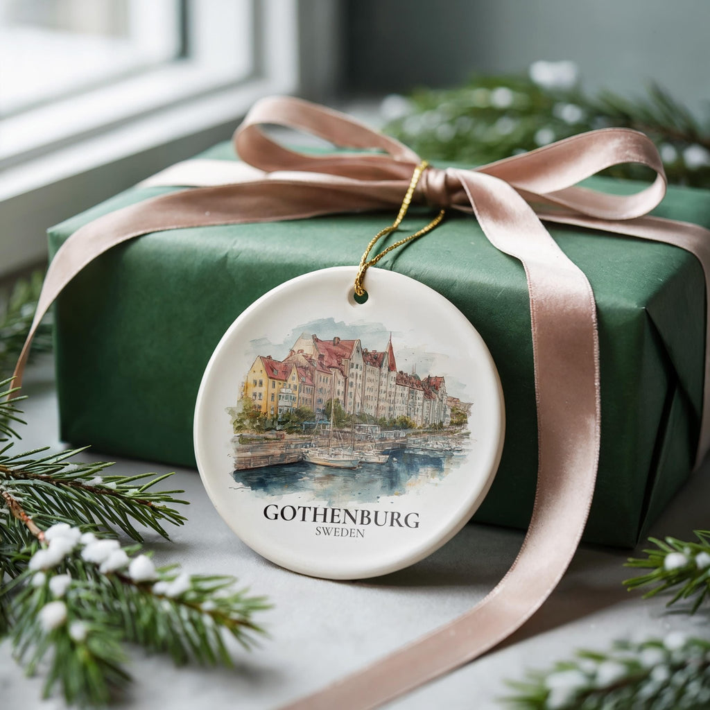 Gothenburg Sweden Personalized Watercolor Ornament, Custom Ceramic Christmas gift, Travel Keepsake - CuteBeePix