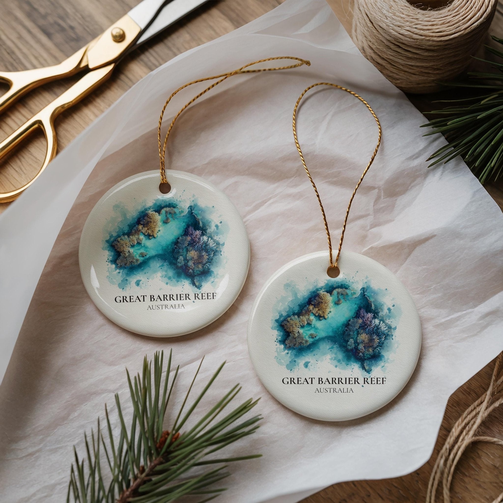 Great Barrier Reef Australia Personalized Watercolor Ornament, Custom Ceramic Christmas gift, Travel Keepsake - CuteBeePix