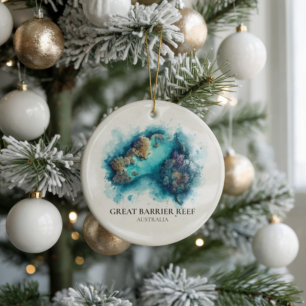 Great Barrier Reef Australia Personalized Watercolor Ornament, Custom Ceramic Christmas gift, Travel Keepsake - CuteBeePix