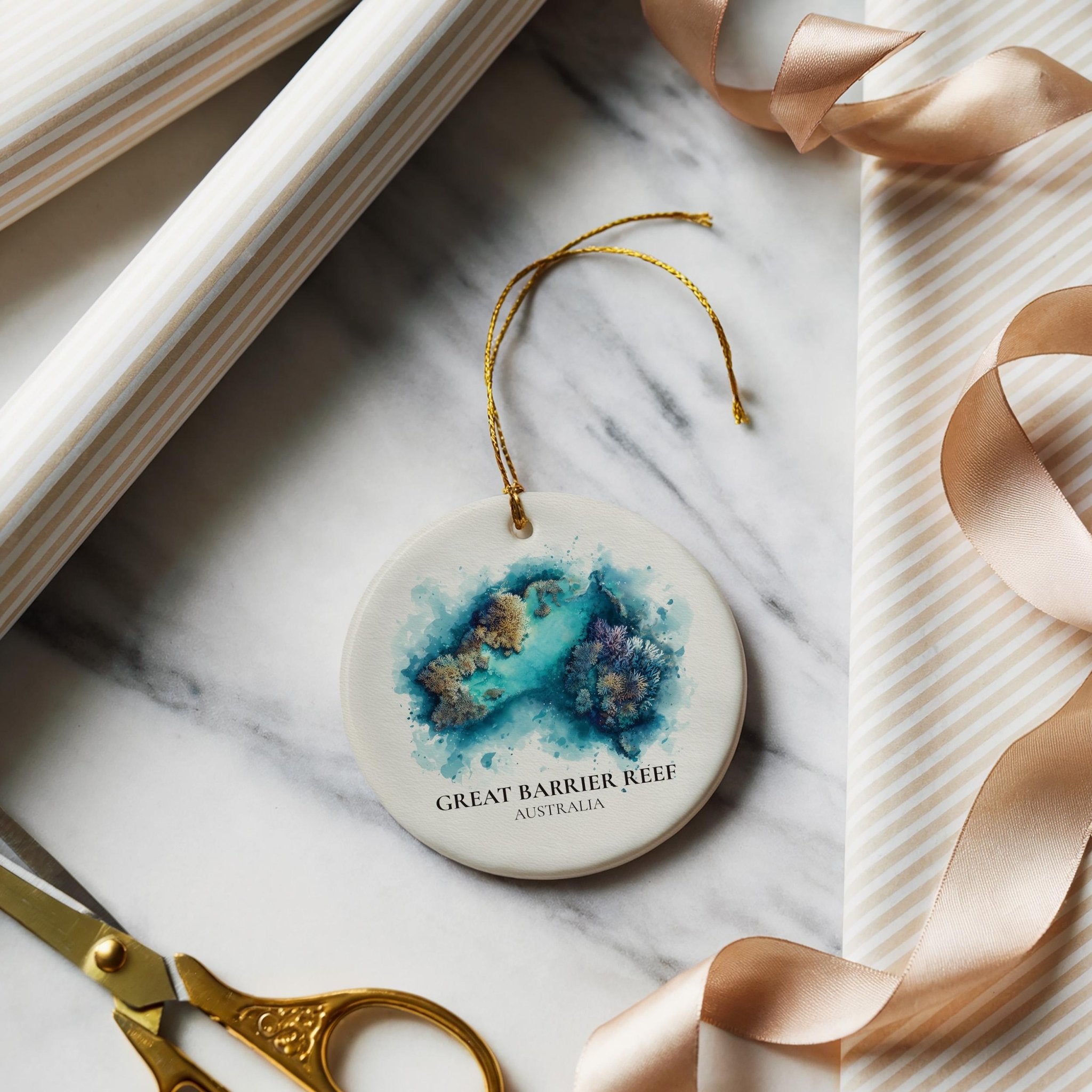 Great Barrier Reef Australia Personalized Watercolor Ornament, Custom Ceramic Christmas gift, Travel Keepsake - CuteBeePix