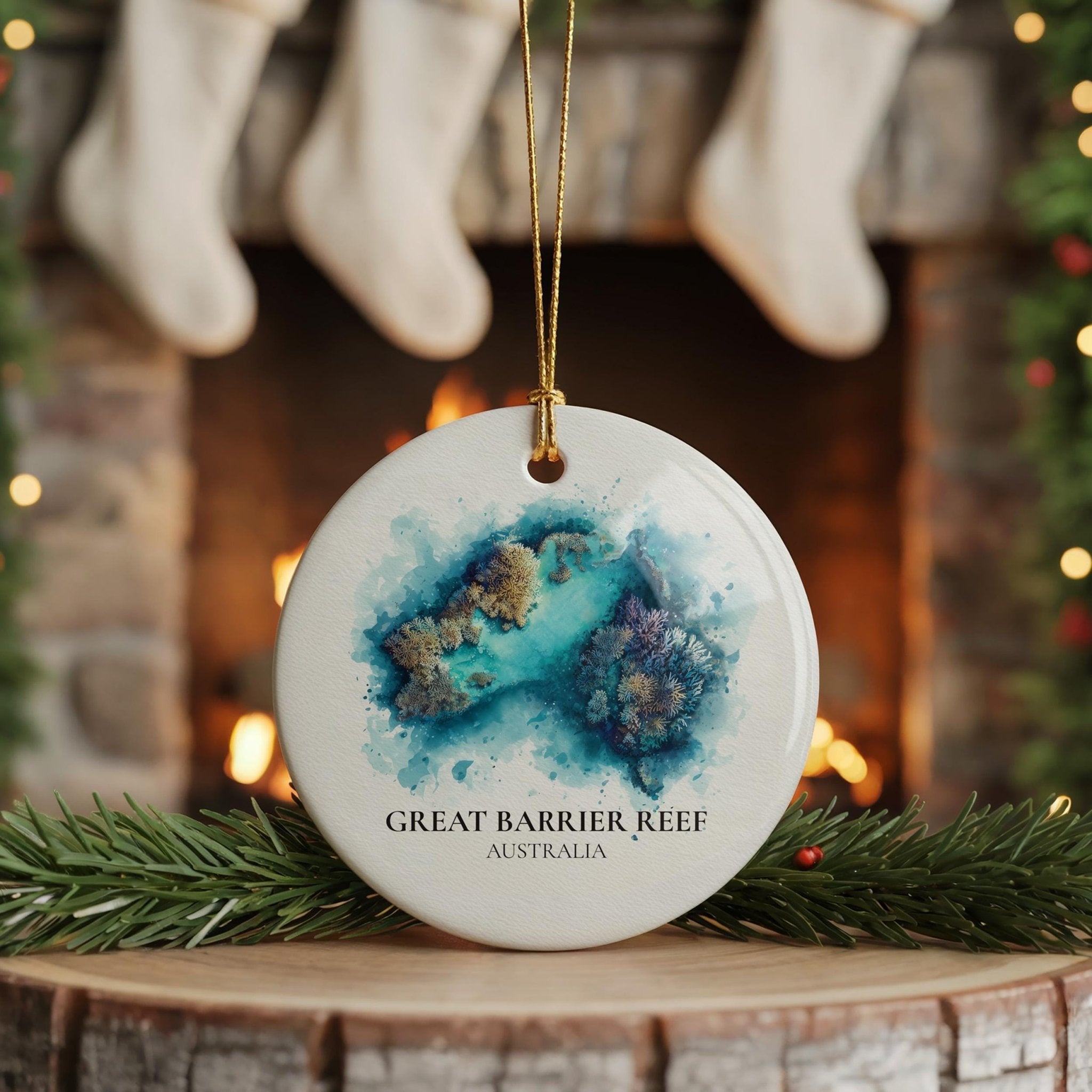 Great Barrier Reef Australia Personalized Watercolor Ornament, Custom Ceramic Christmas gift, Travel Keepsake - CuteBeePix