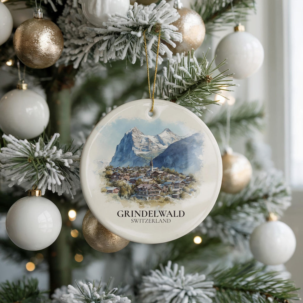 Grindelwald Switzerland Personalized Watercolor Ornament, Custom Ceramic Christmas gift, Travel Keepsake - CuteBeePix