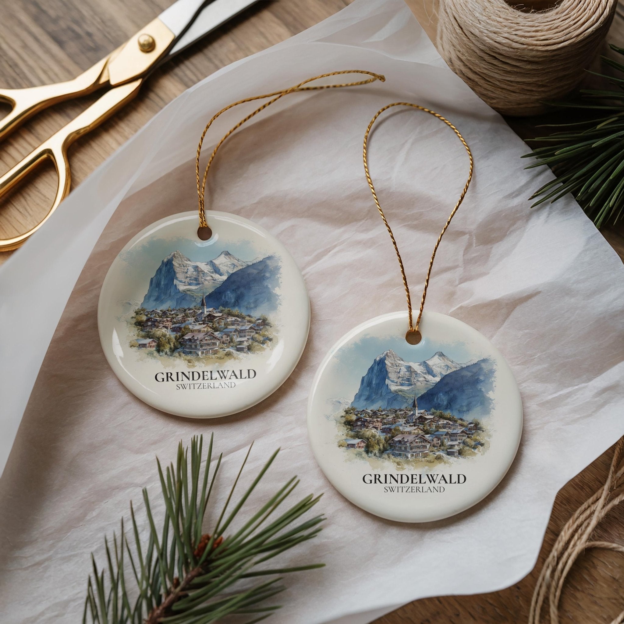 Grindelwald Switzerland Personalized Watercolor Ornament, Custom Ceramic Christmas gift, Travel Keepsake - CuteBeePix