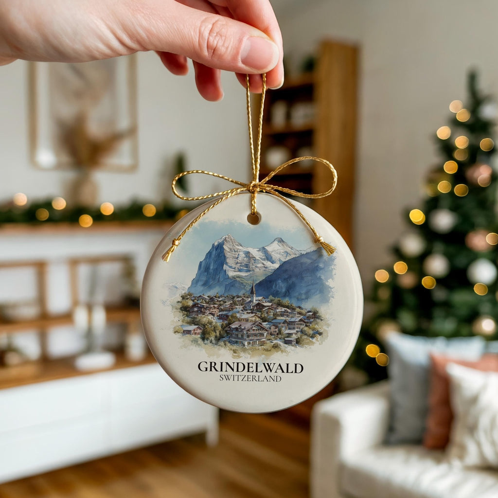Grindelwald Switzerland Personalized Watercolor Ornament, Custom Ceramic Christmas gift, Travel Keepsake - CuteBeePix